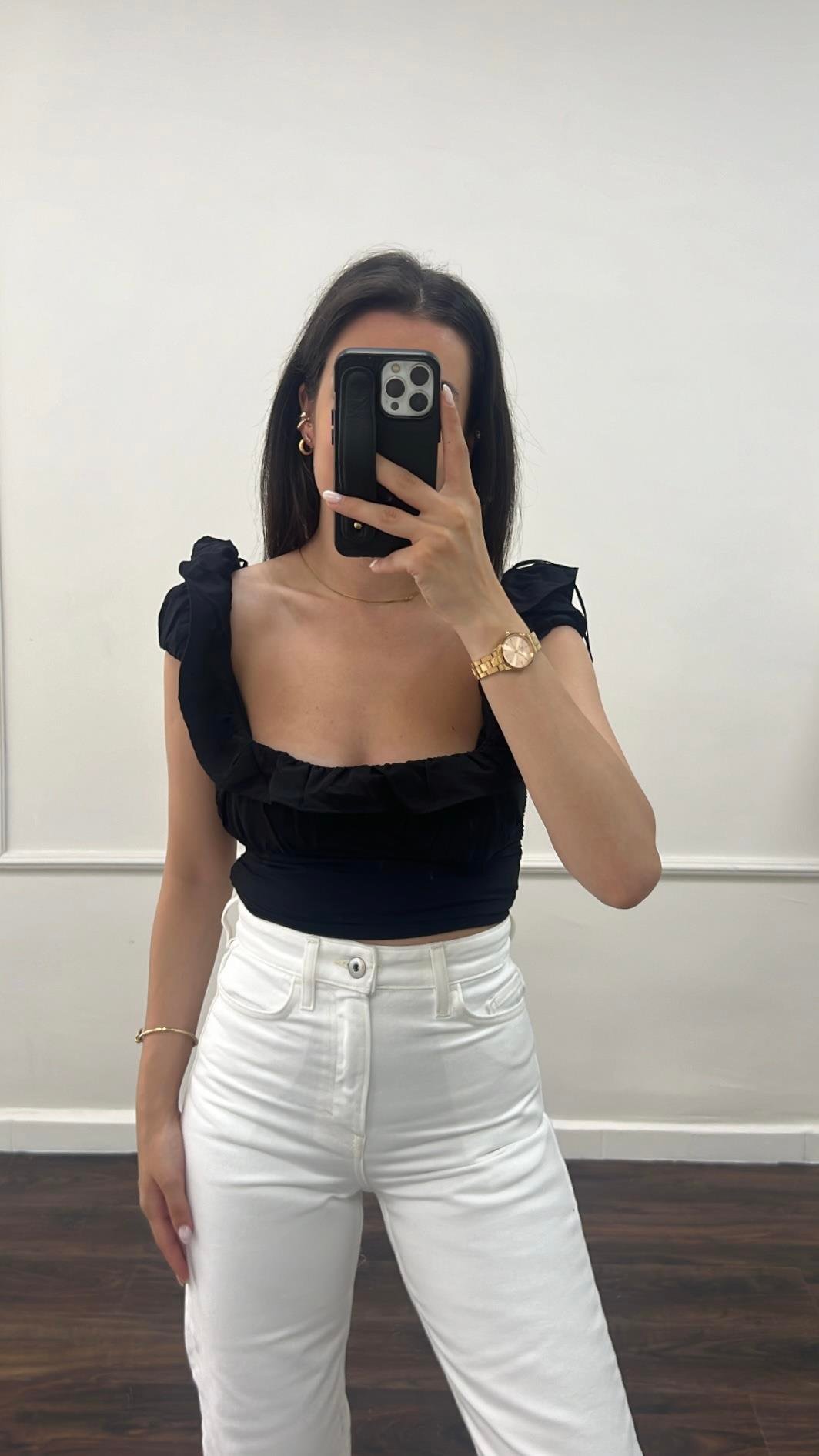 Marka Siyah Drapeli Bluz