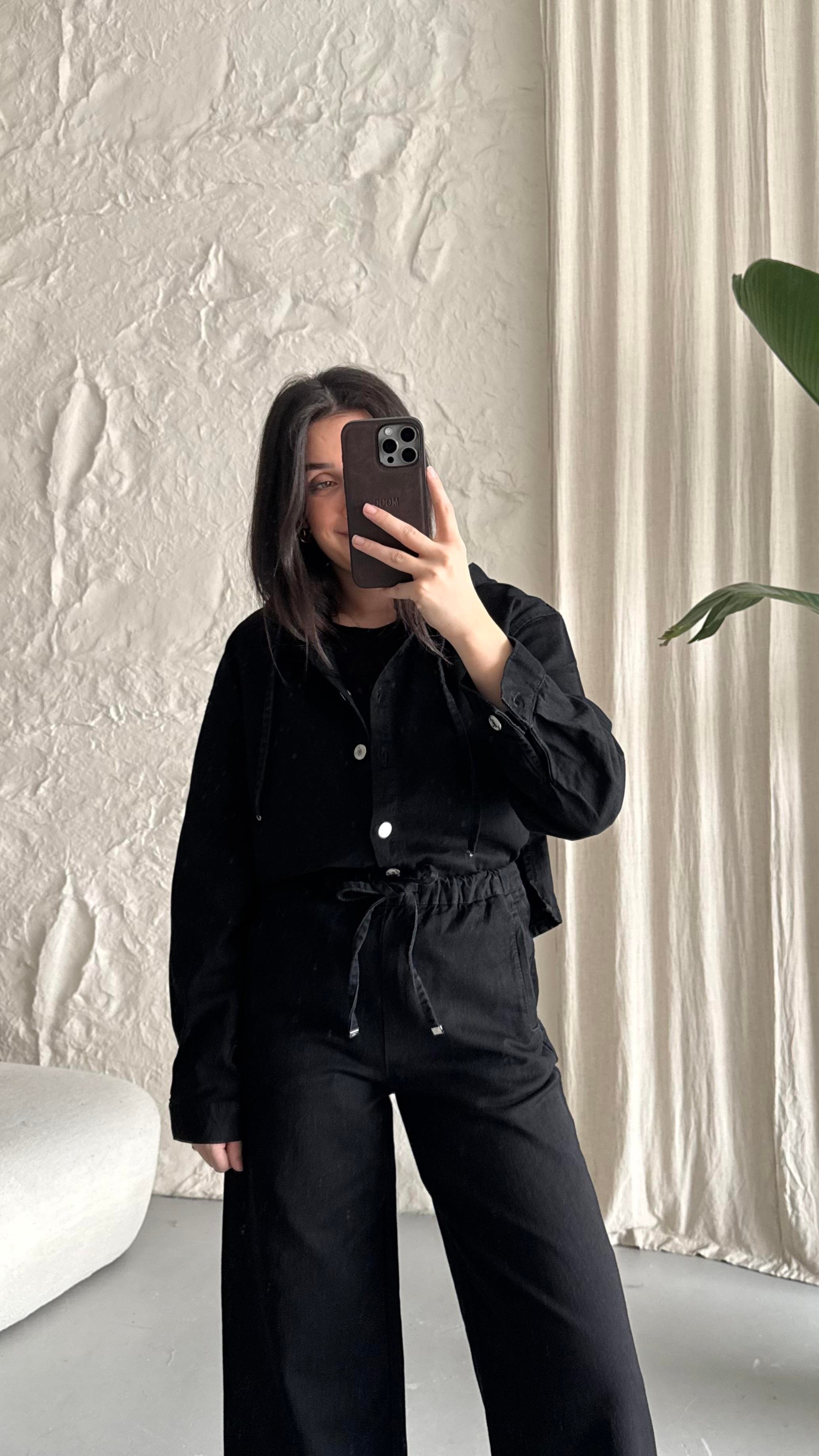 Marka Siyah Kapüşonlu Denim Gömlek Ceket