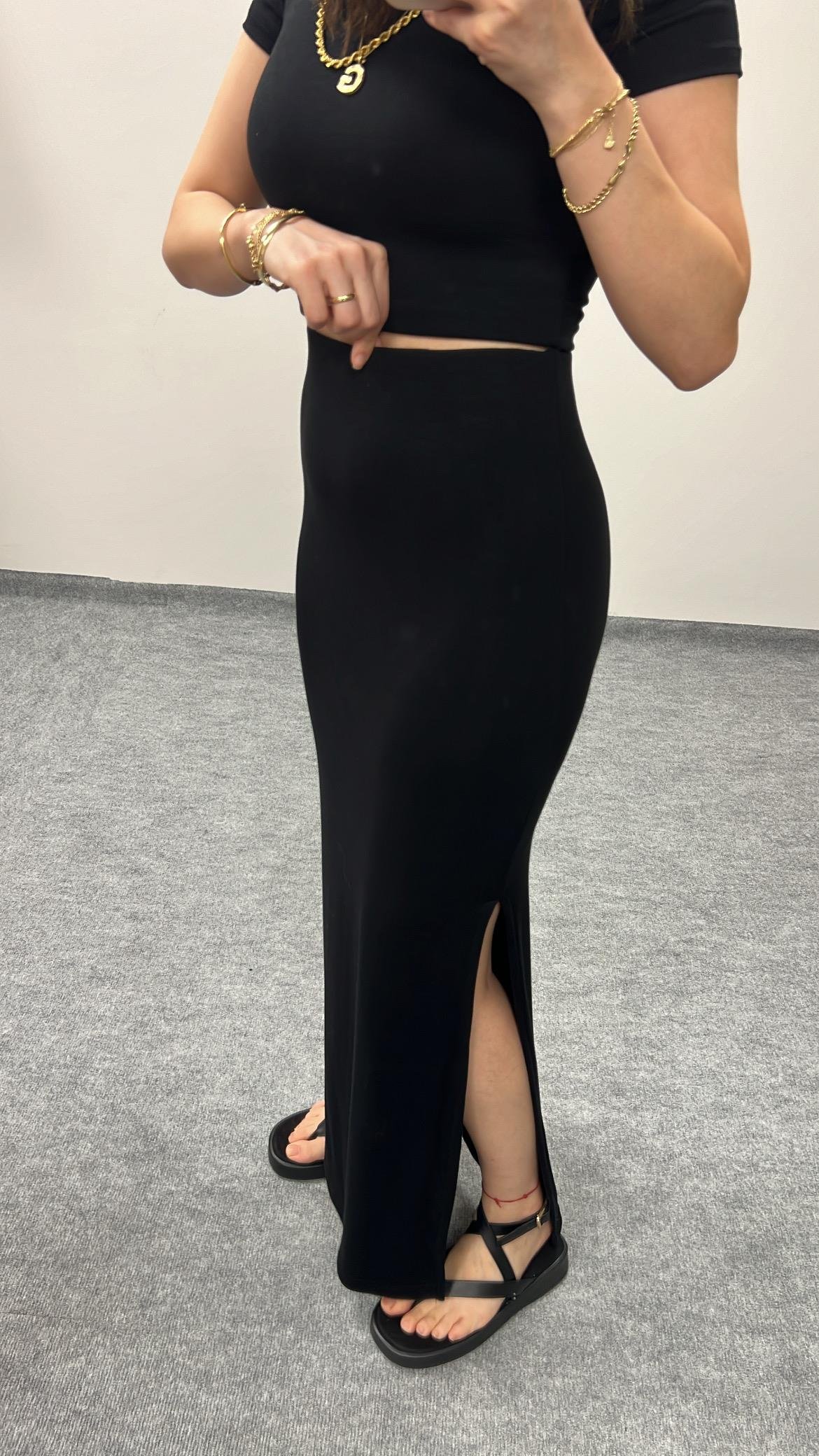 MARKA SİYAH ÖZEL DOKUMA MAXİ ETEK