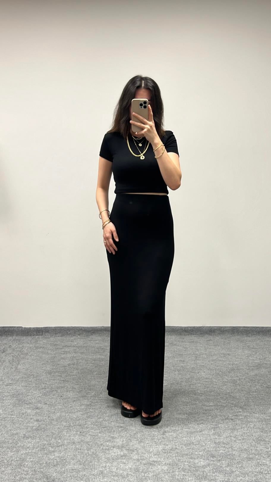 MARKA SİYAH ÖZEL DOKUMA MAXİ ETEK