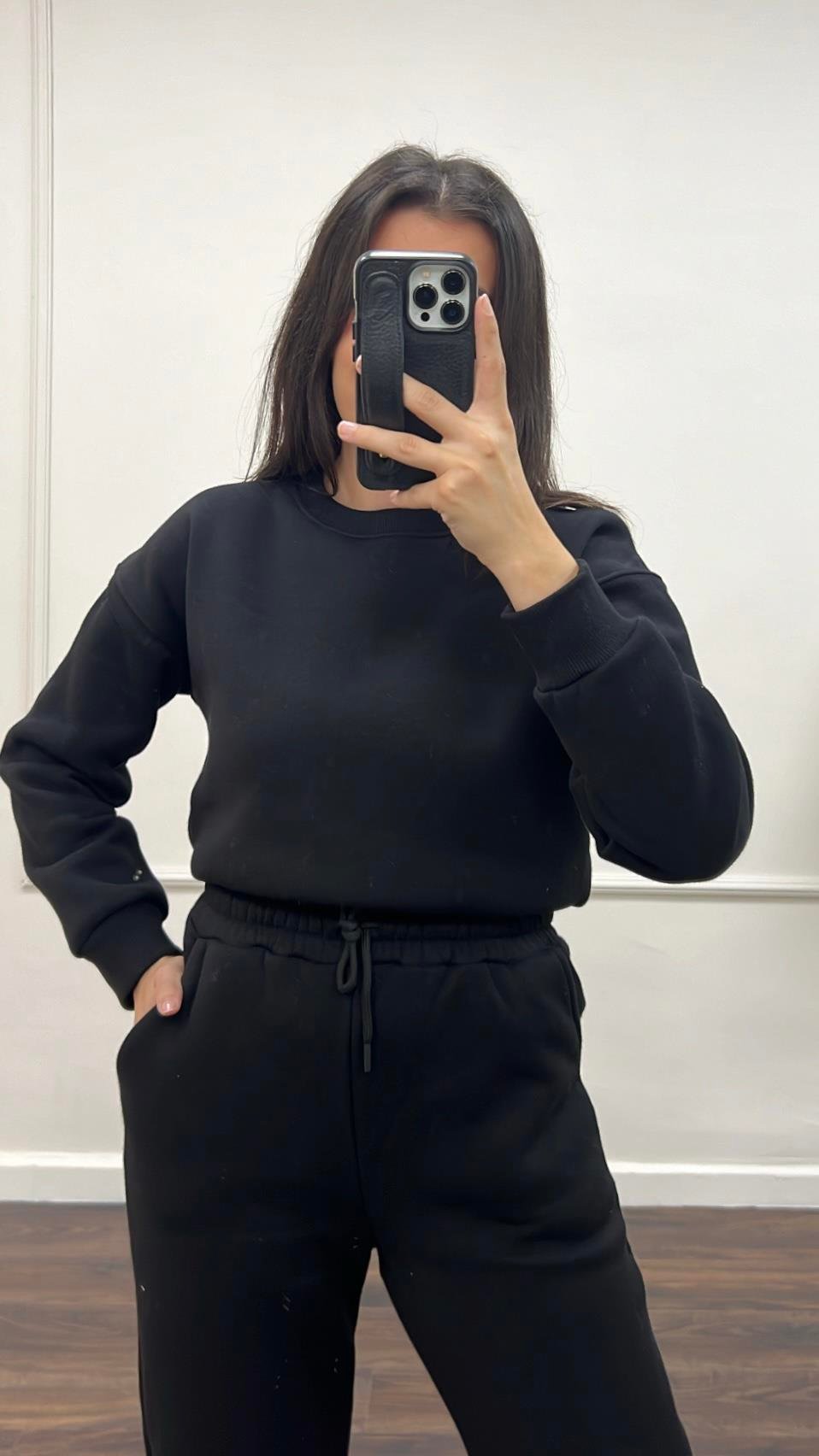 Marka Siyah Pamuklu Basıc Sweatshirt/Jogger Takım