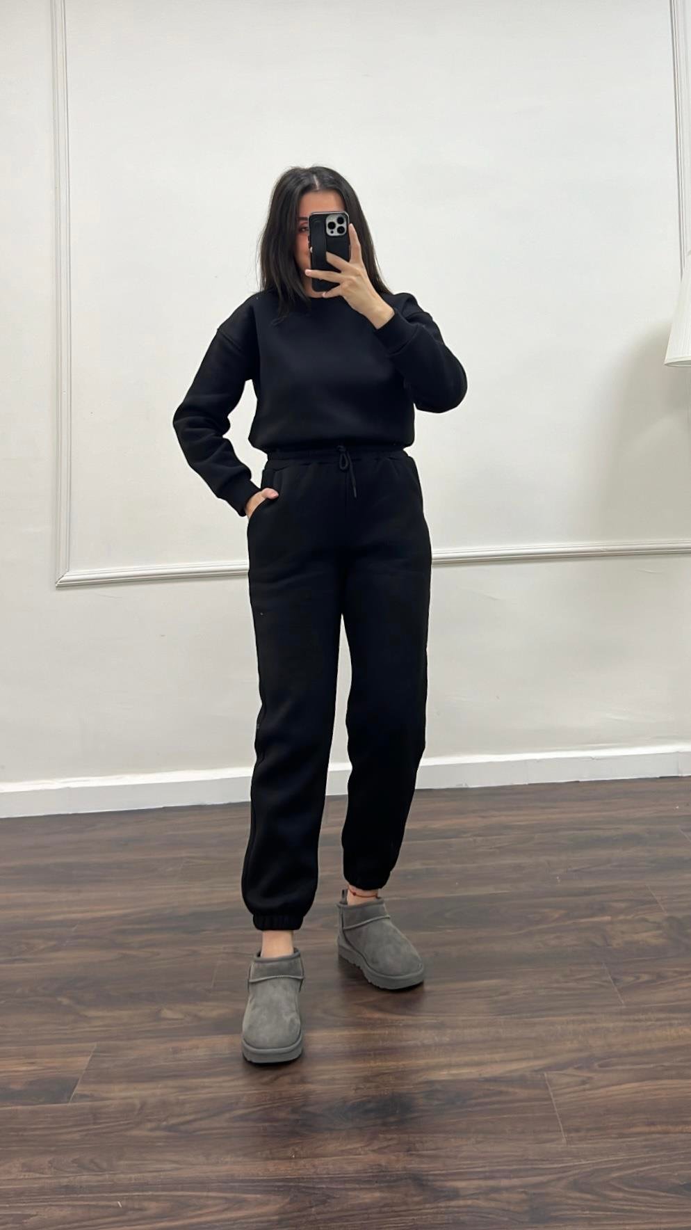 Marka Siyah Pamuklu Basıc Sweatshirt/Jogger Takım