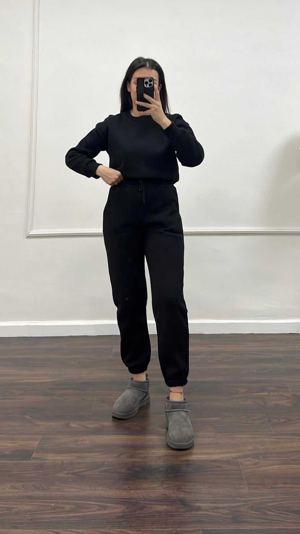 Marka Siyah Pamuklu Basıc Sweatshirt/Jogger Takım