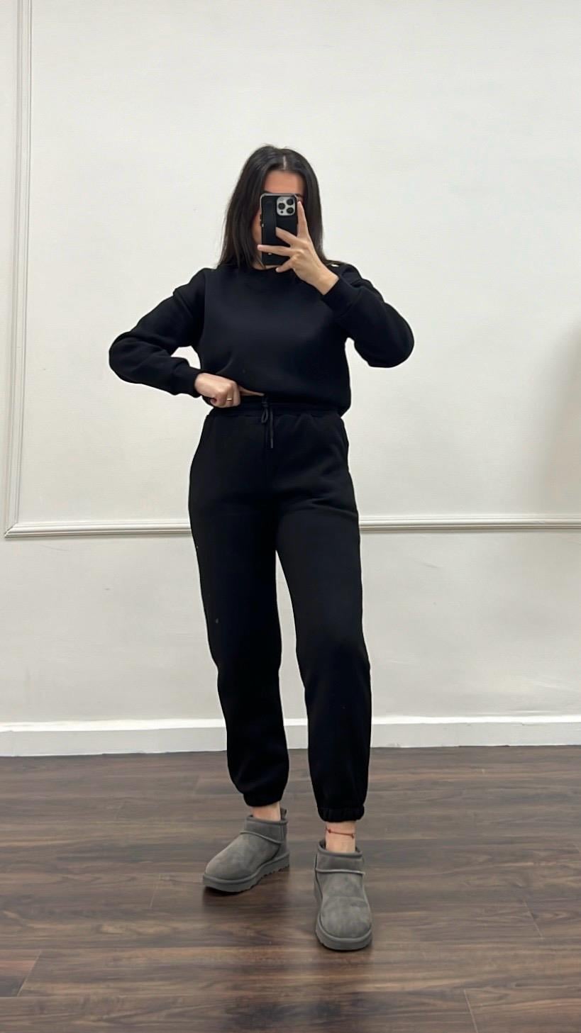 Marka Siyah Pamuklu Basıc Sweatshirt/Jogger Takım