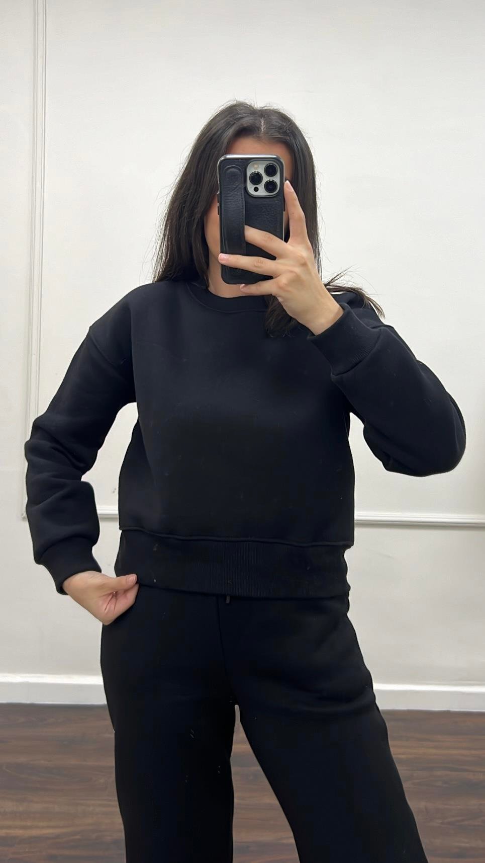 Marka Siyah Pamuklu Basıc Sweatshirt/Jogger Takım