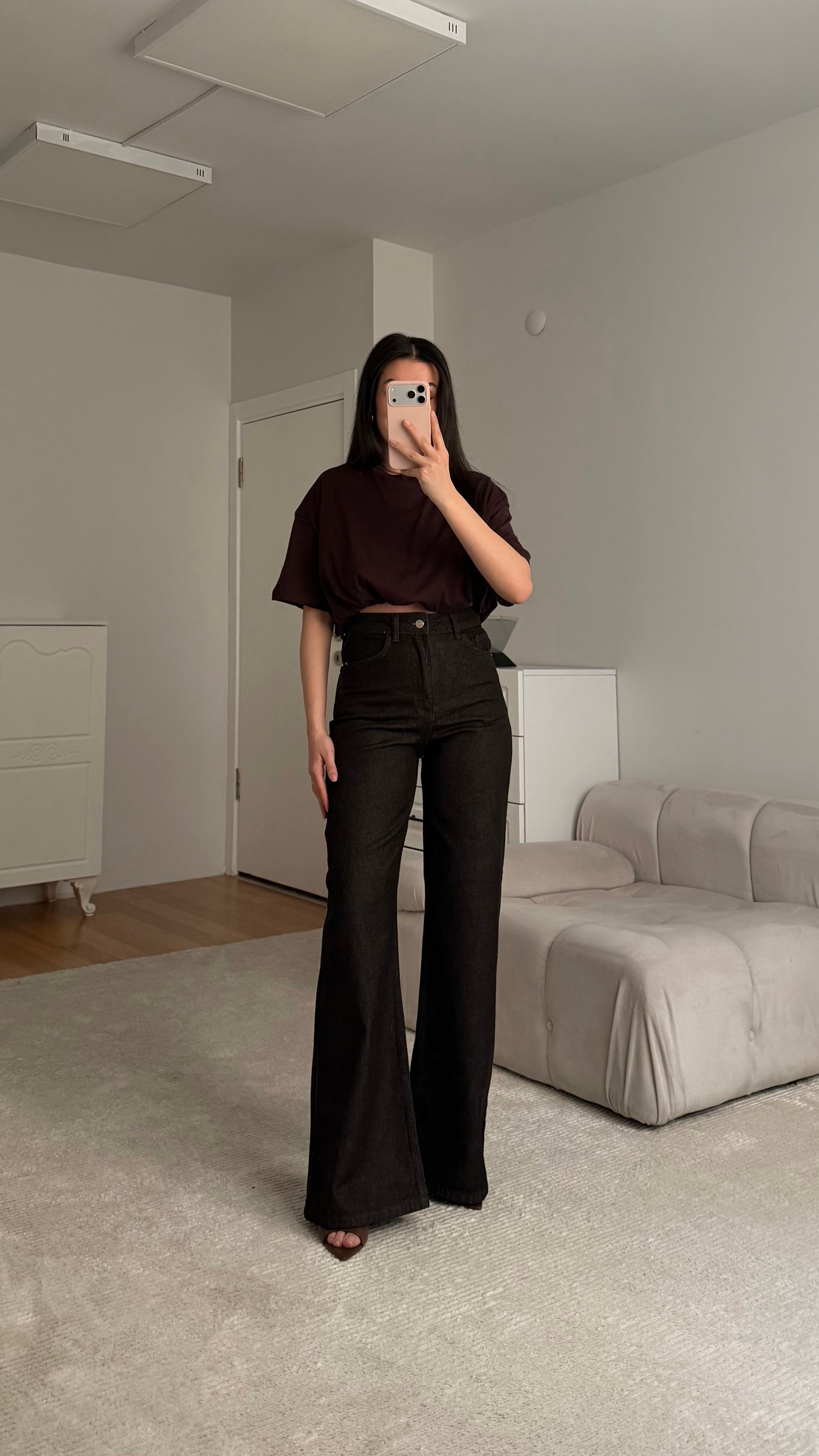 Marka Yıkamalı Acı Kahve Wide Leg Jean