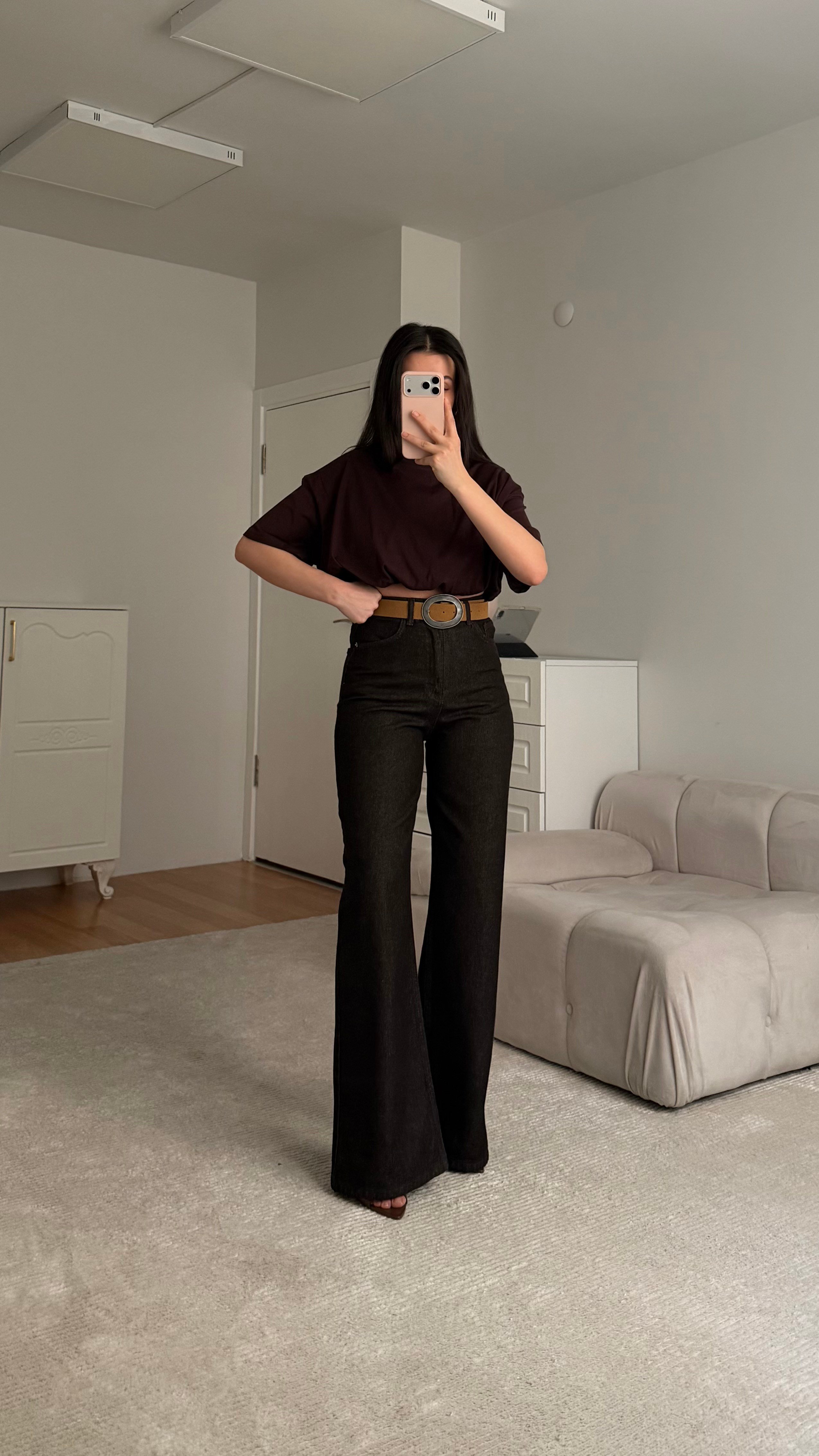 Marka Yıkamalı Acı Kahve Wide Leg Jean