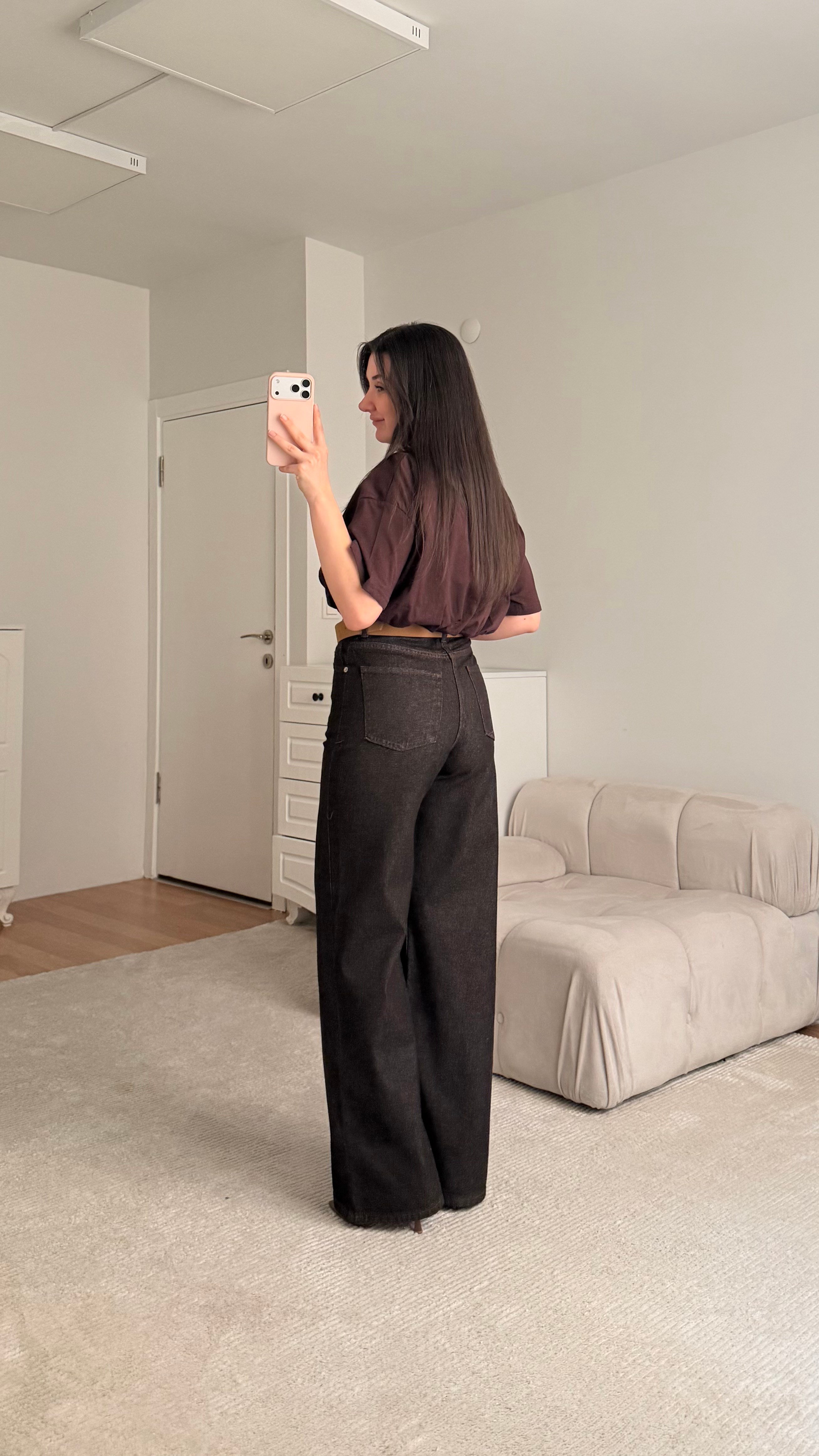 Marka Yıkamalı Acı Kahve Wide Leg Jean