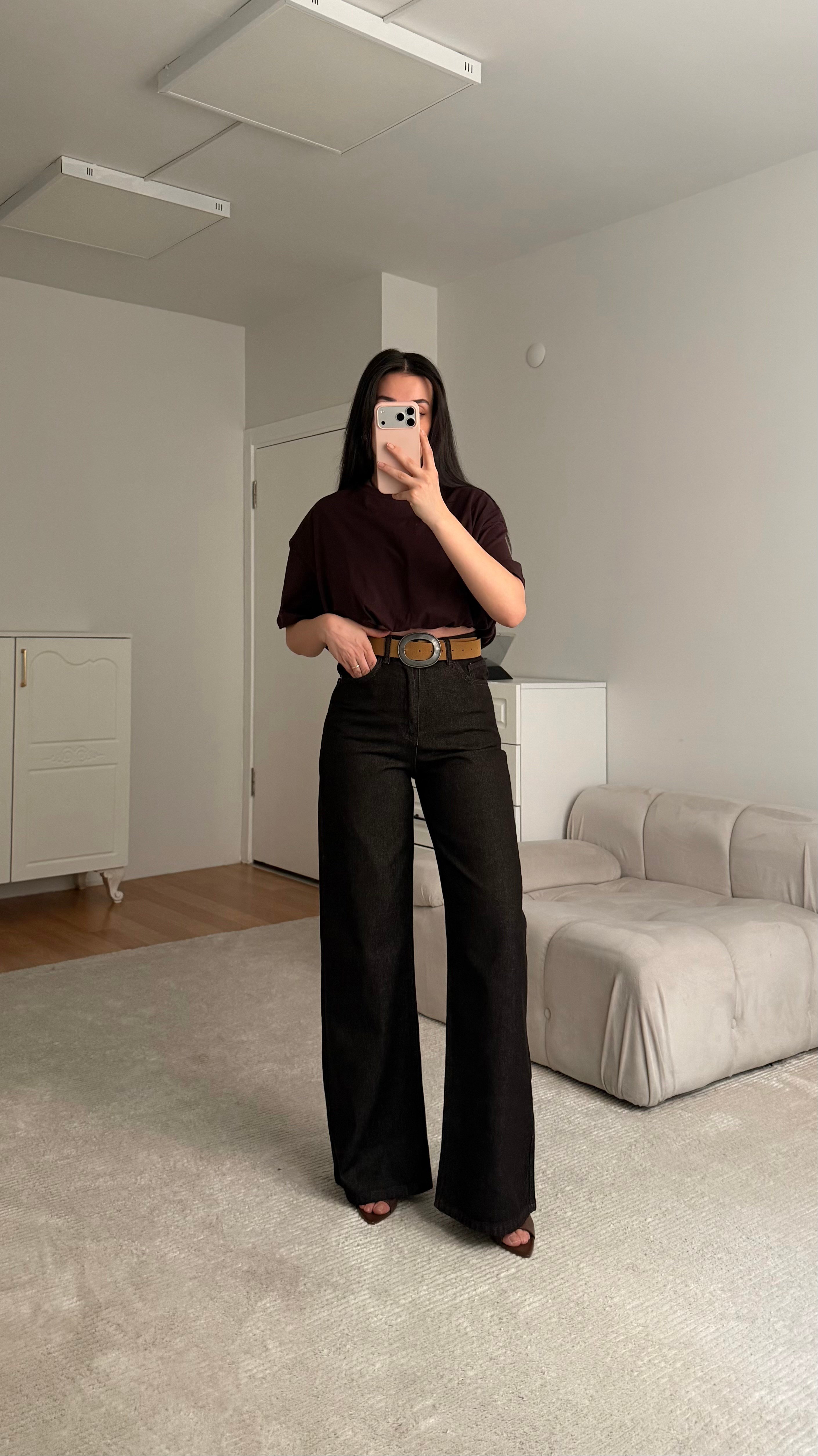 Marka Yıkamalı Acı Kahve Wide Leg Jean