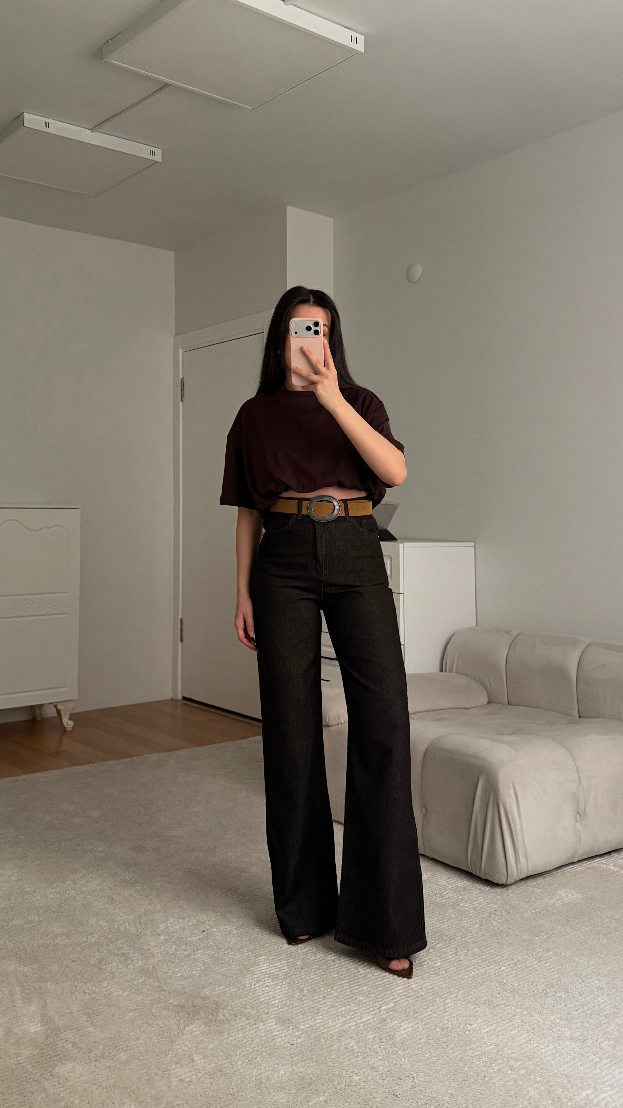 Marka Yıkamalı Acı Kahve Wide Leg Jean