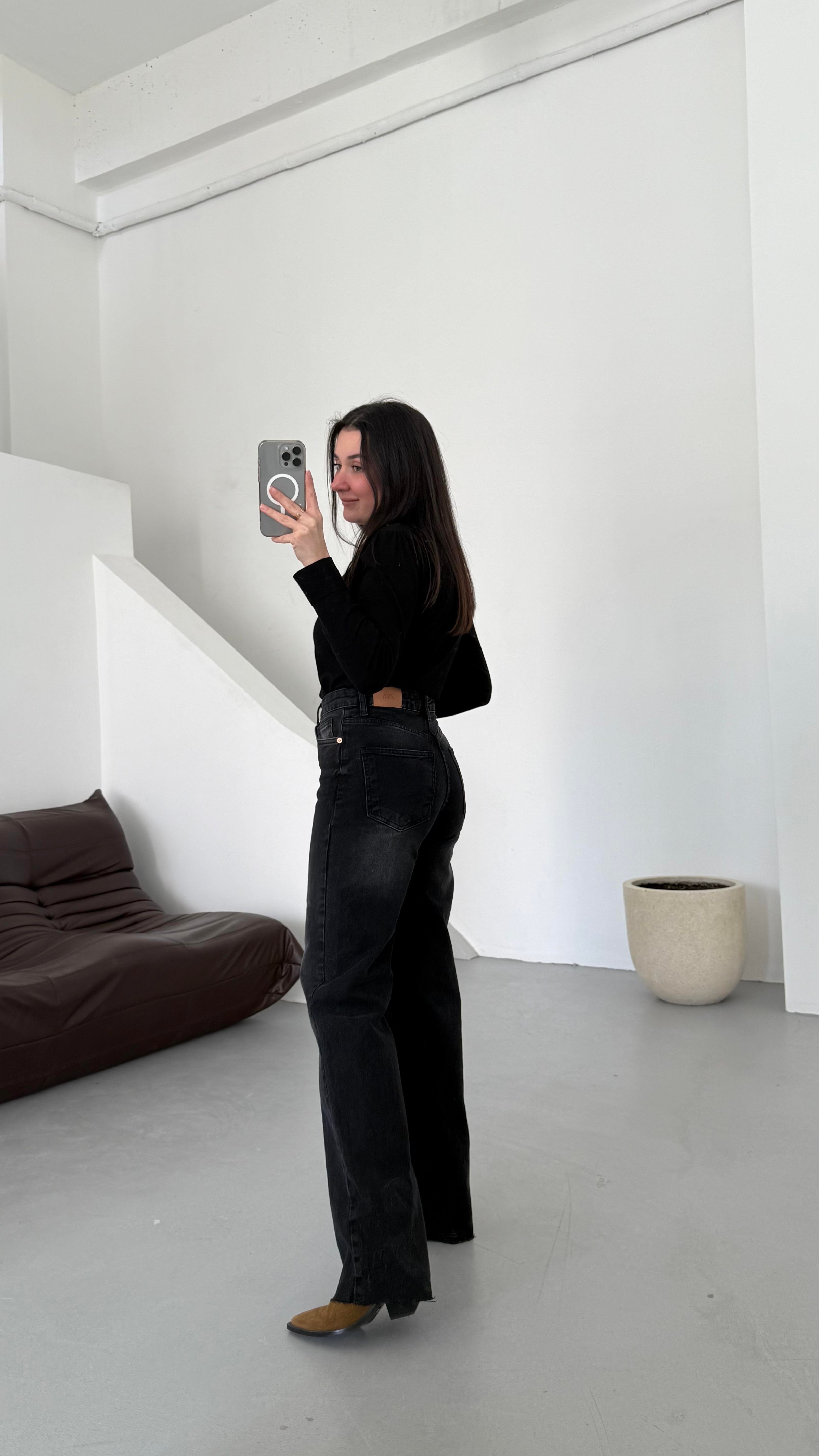 Marka Yıkamalı Siyah Wide Leg  Jean