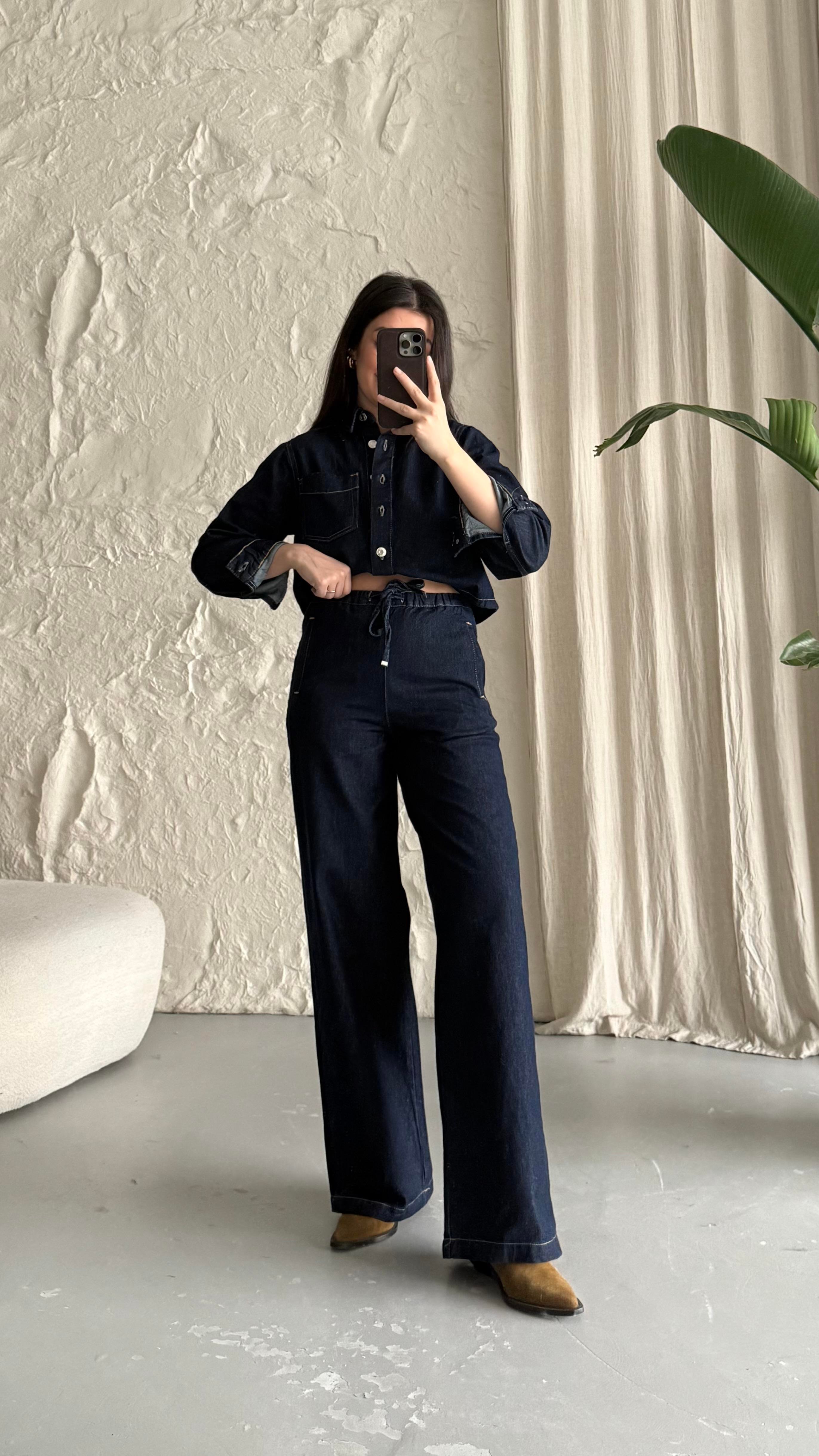 Marka Yoğun Laci Beli Lastikli Denim Pantolon