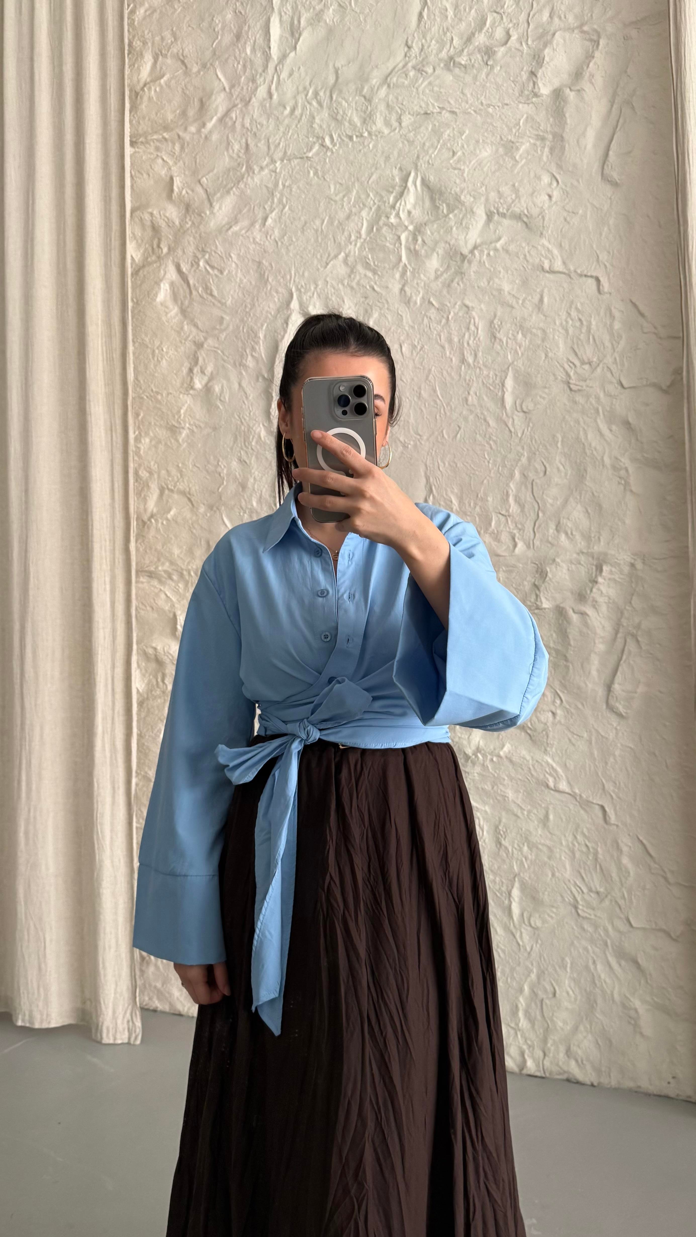 Mavi İspanyol Kol Bağlamalı Gömlek