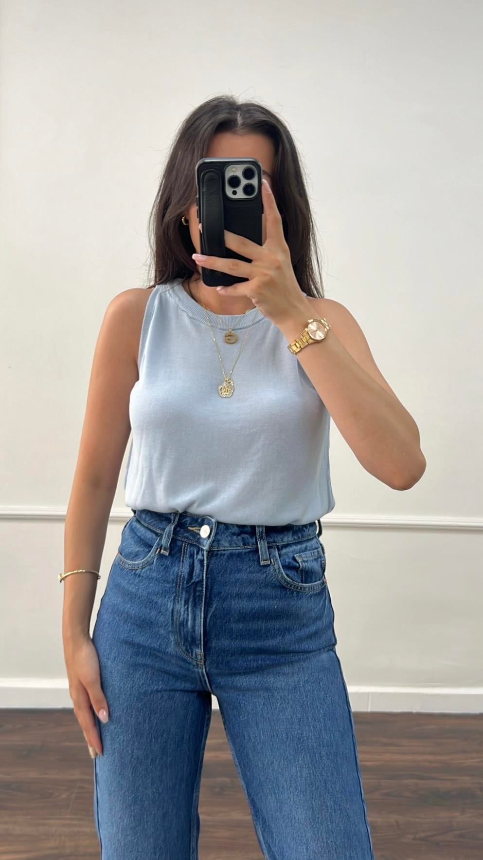 Mavi Örme %100 Viskon Halter Yaka Triko Bluz