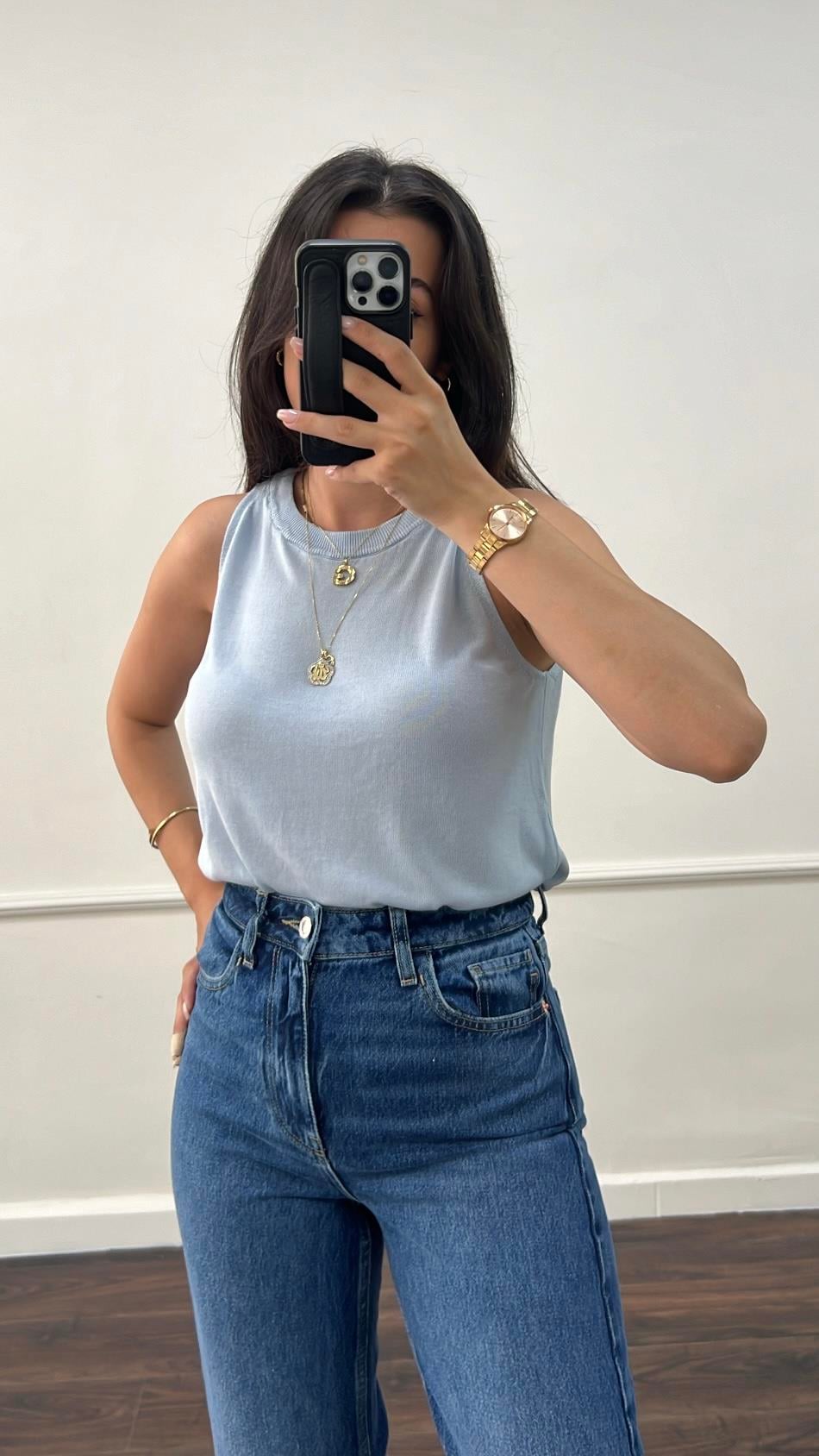 Mavi Örme %100 Viskon Halter Yaka Triko Bluz