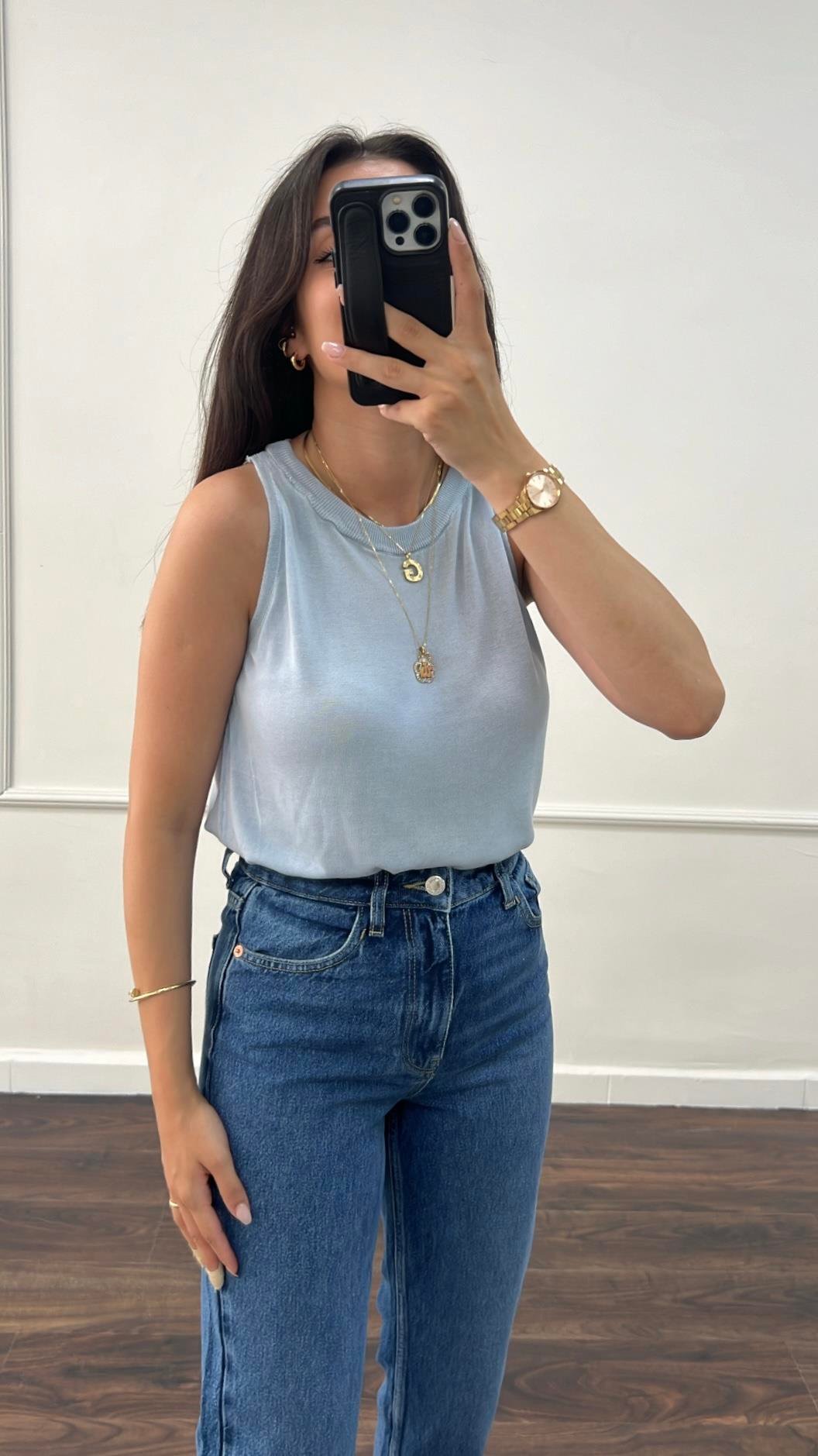 Mavi Örme %100 Viskon Halter Yaka Triko Bluz