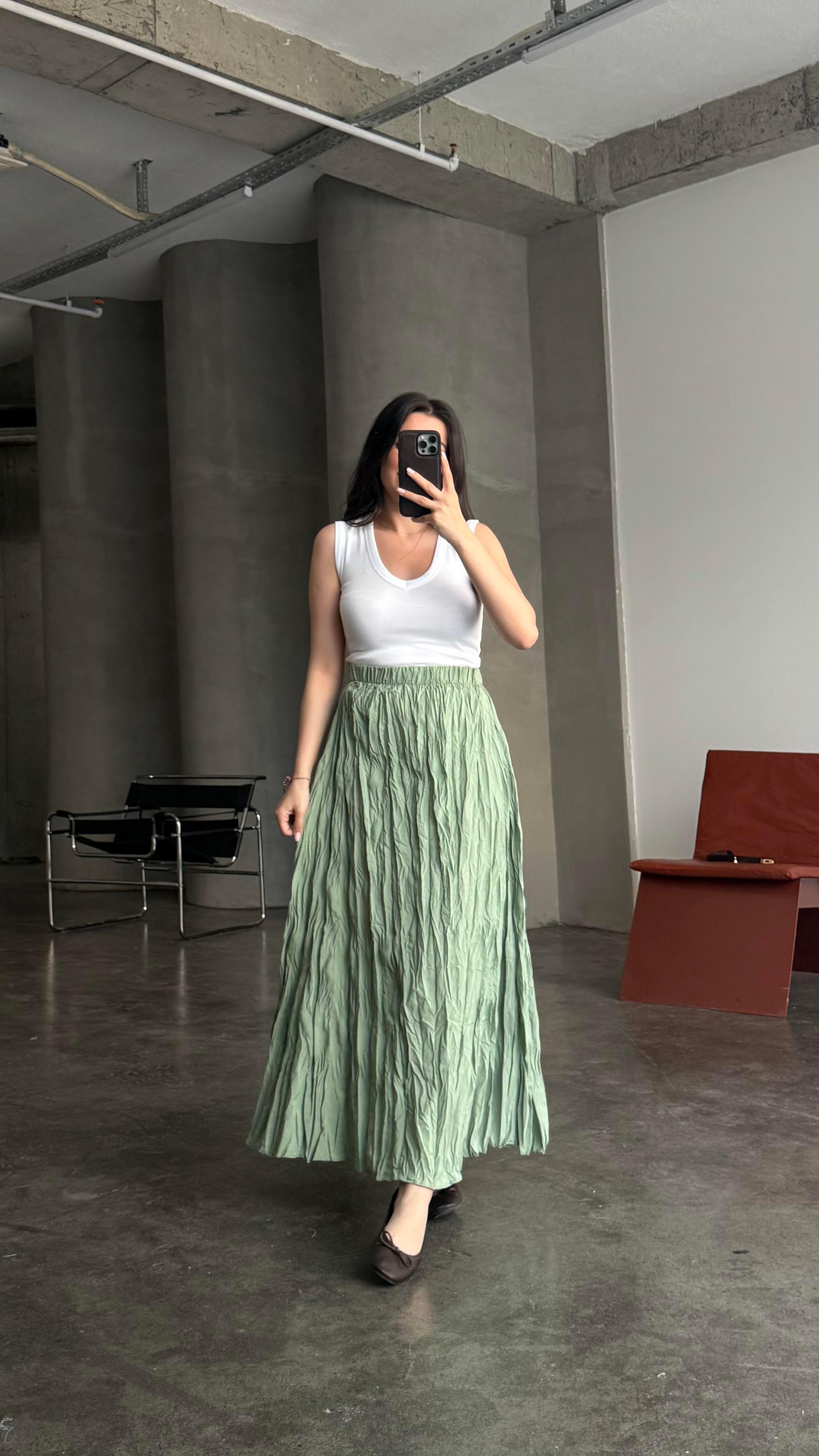 Mint Yeşili Crush Kırışık Efektli Midi Etek