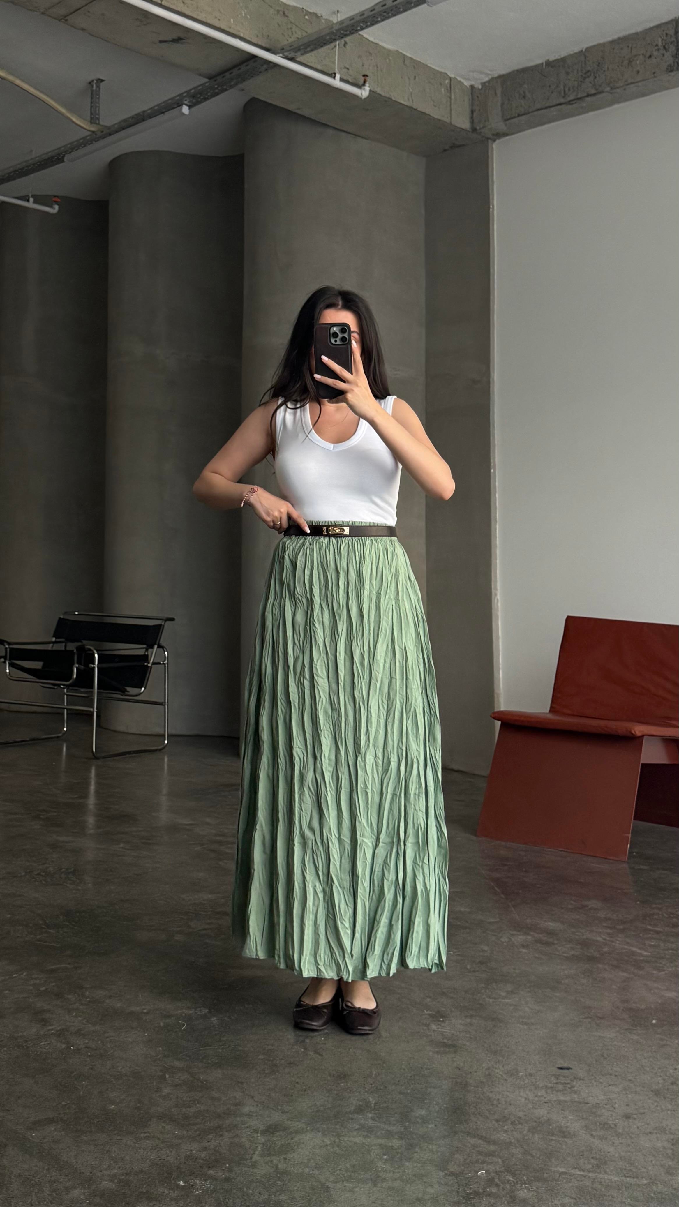 Mint Yeşili Crush Kırışık Efektli Midi Etek