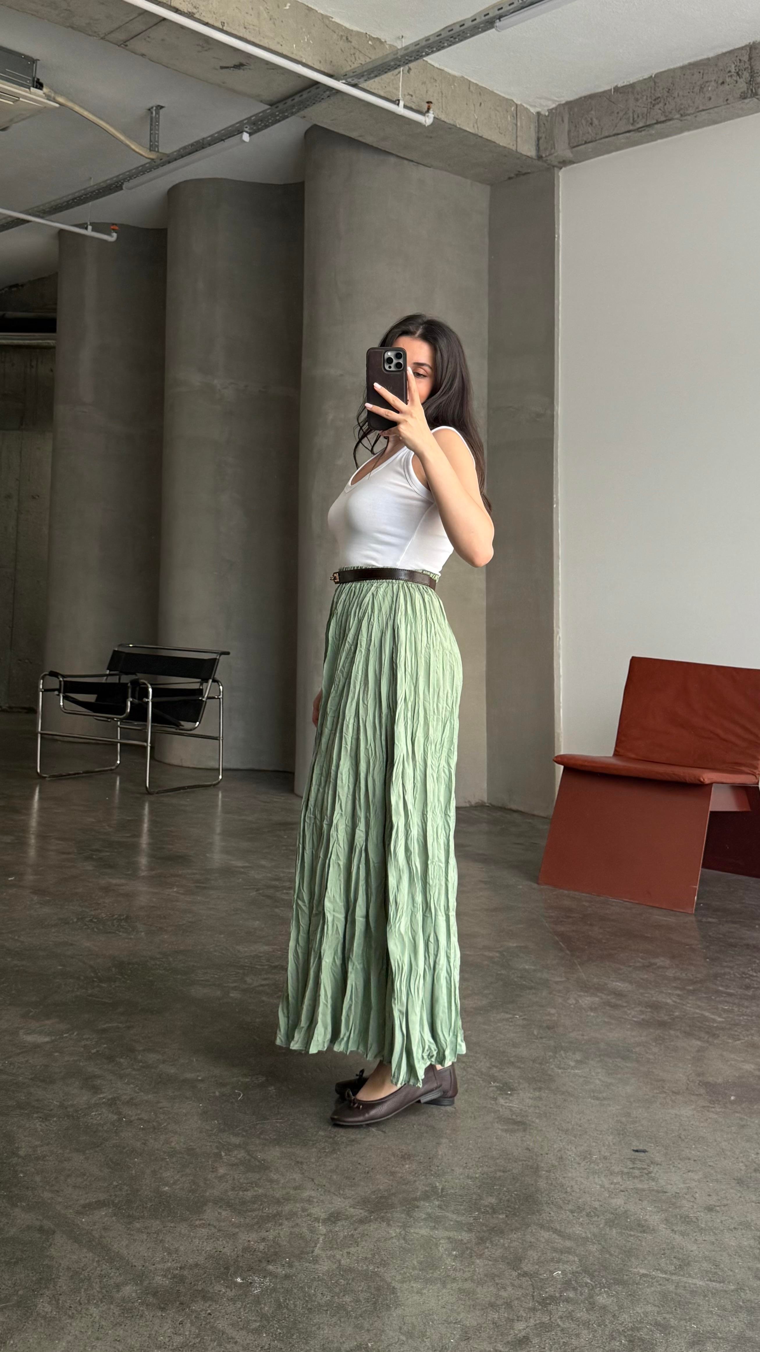 Mint Yeşili Crush Kırışık Efektli Midi Etek