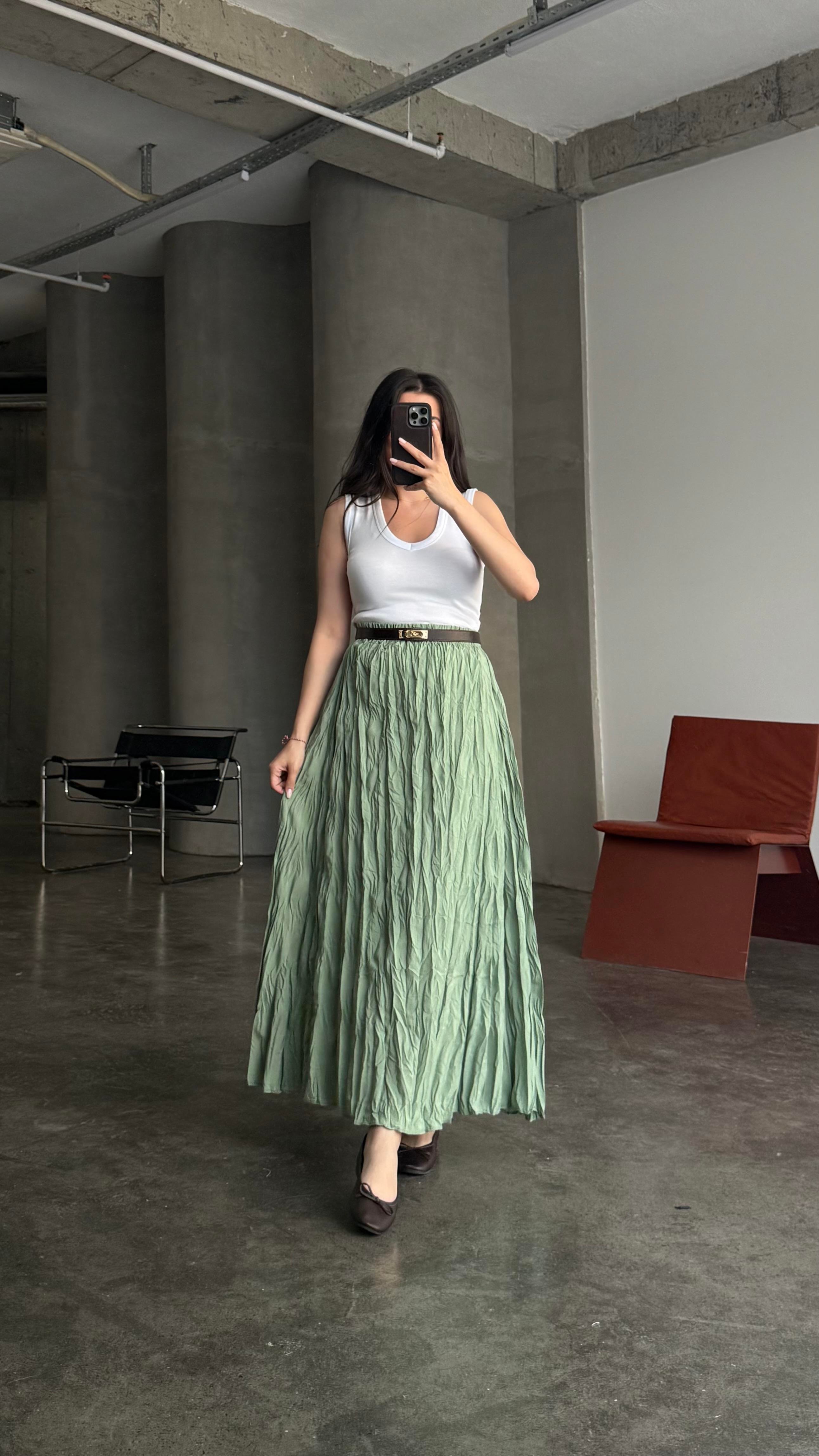 Mint Yeşili Crush Kırışık Efektli Midi Etek