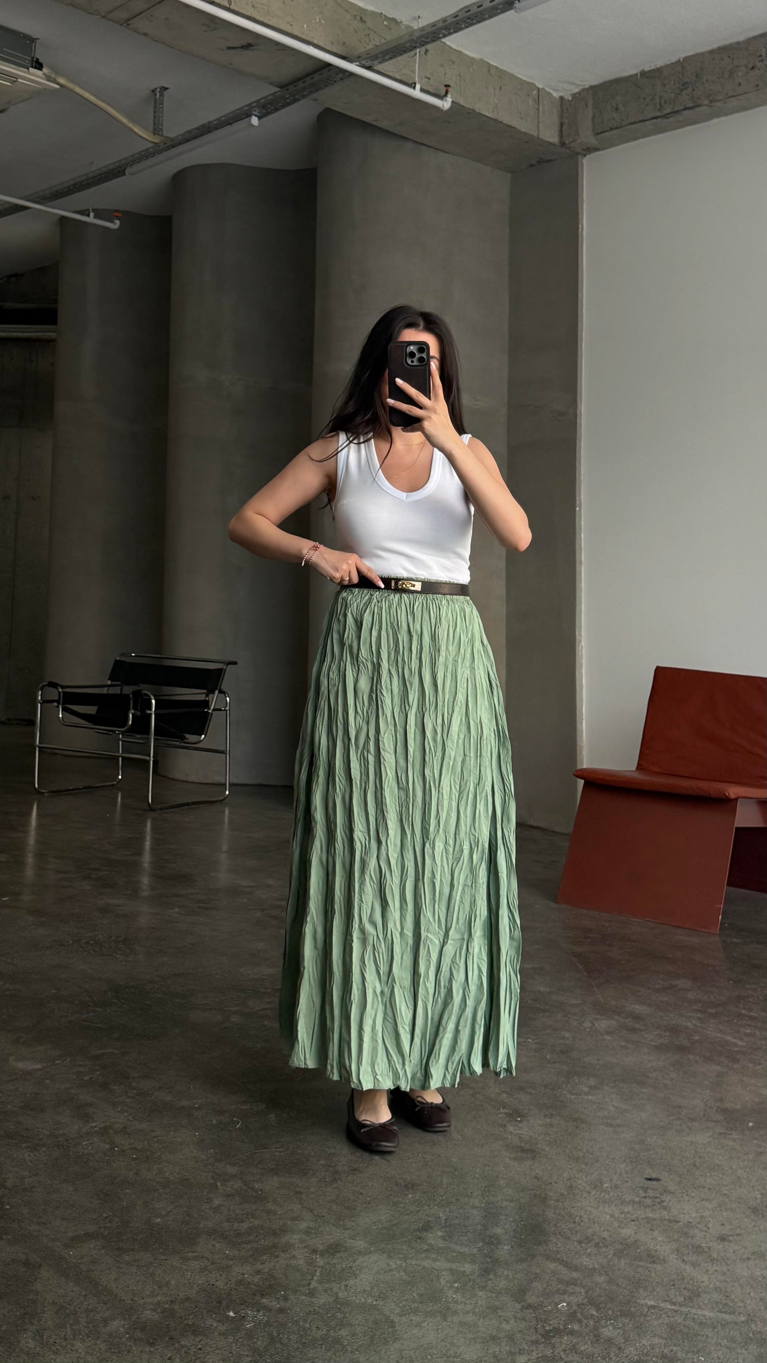 Mint Yeşili Crush Kırışık Efektli Midi Etek