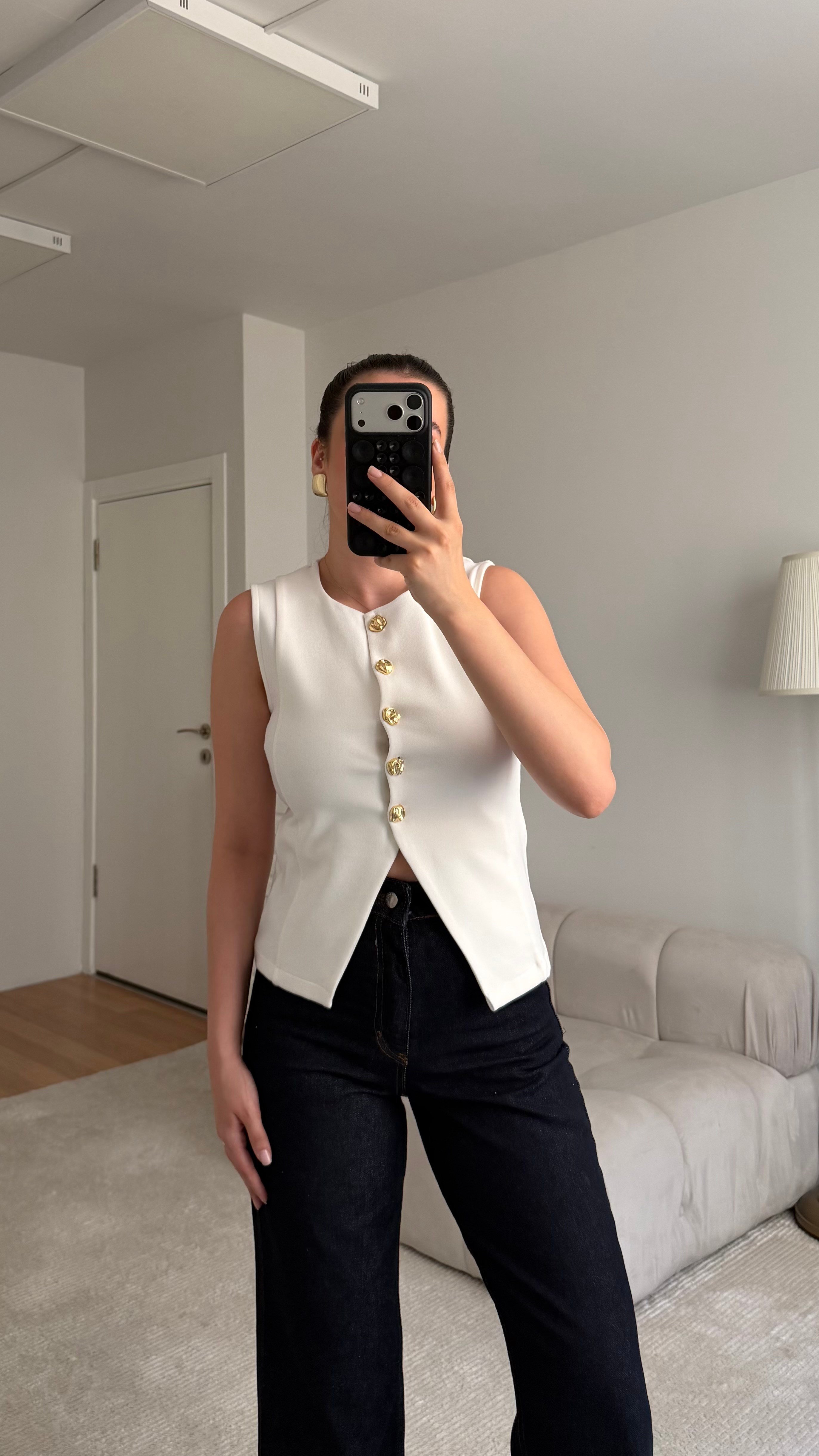 Mis Beyaz Gold Düğme Detaylı Premium Yelek 