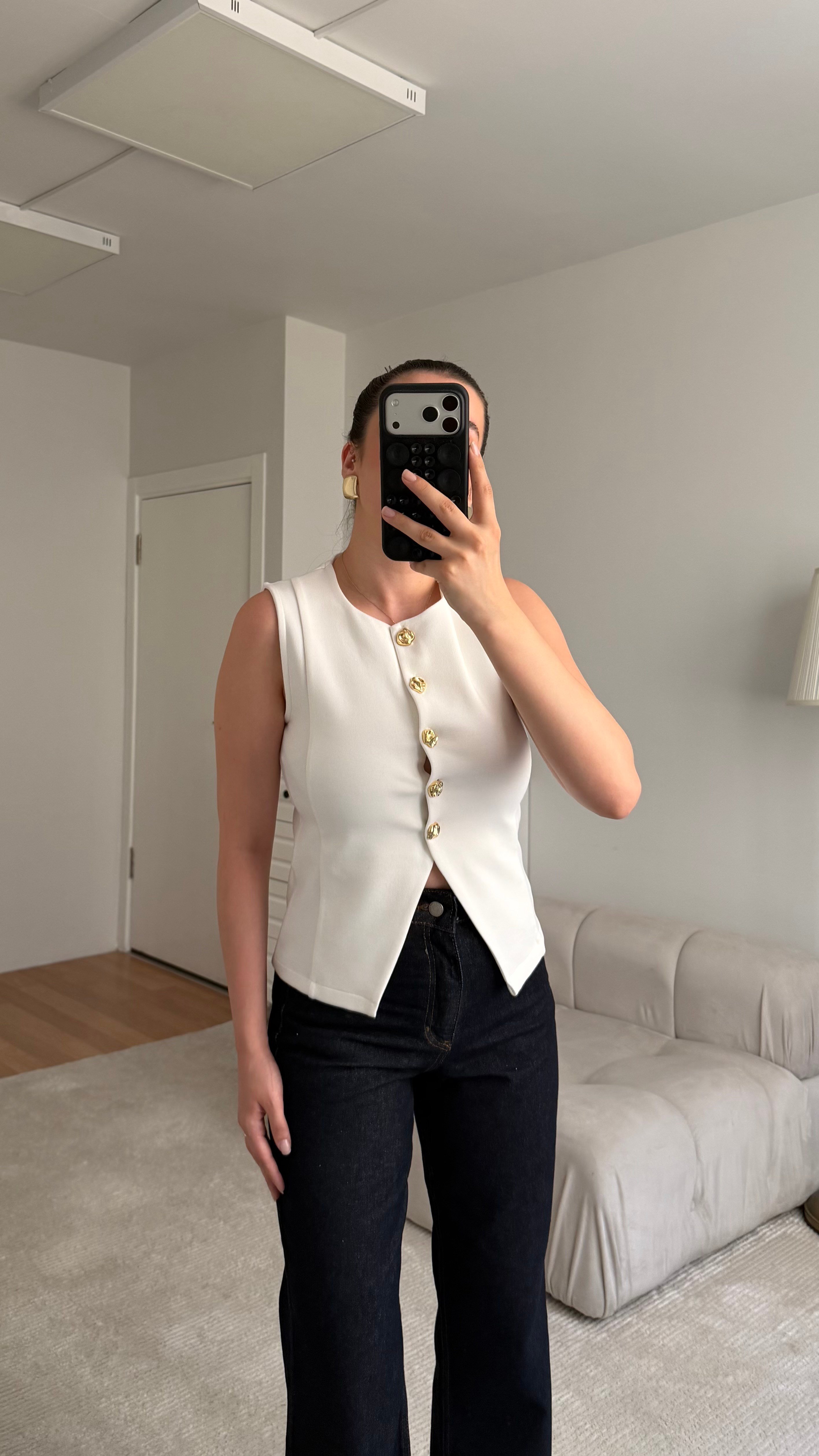 Mis Beyaz Gold Düğme Detaylı Premium Yelek 