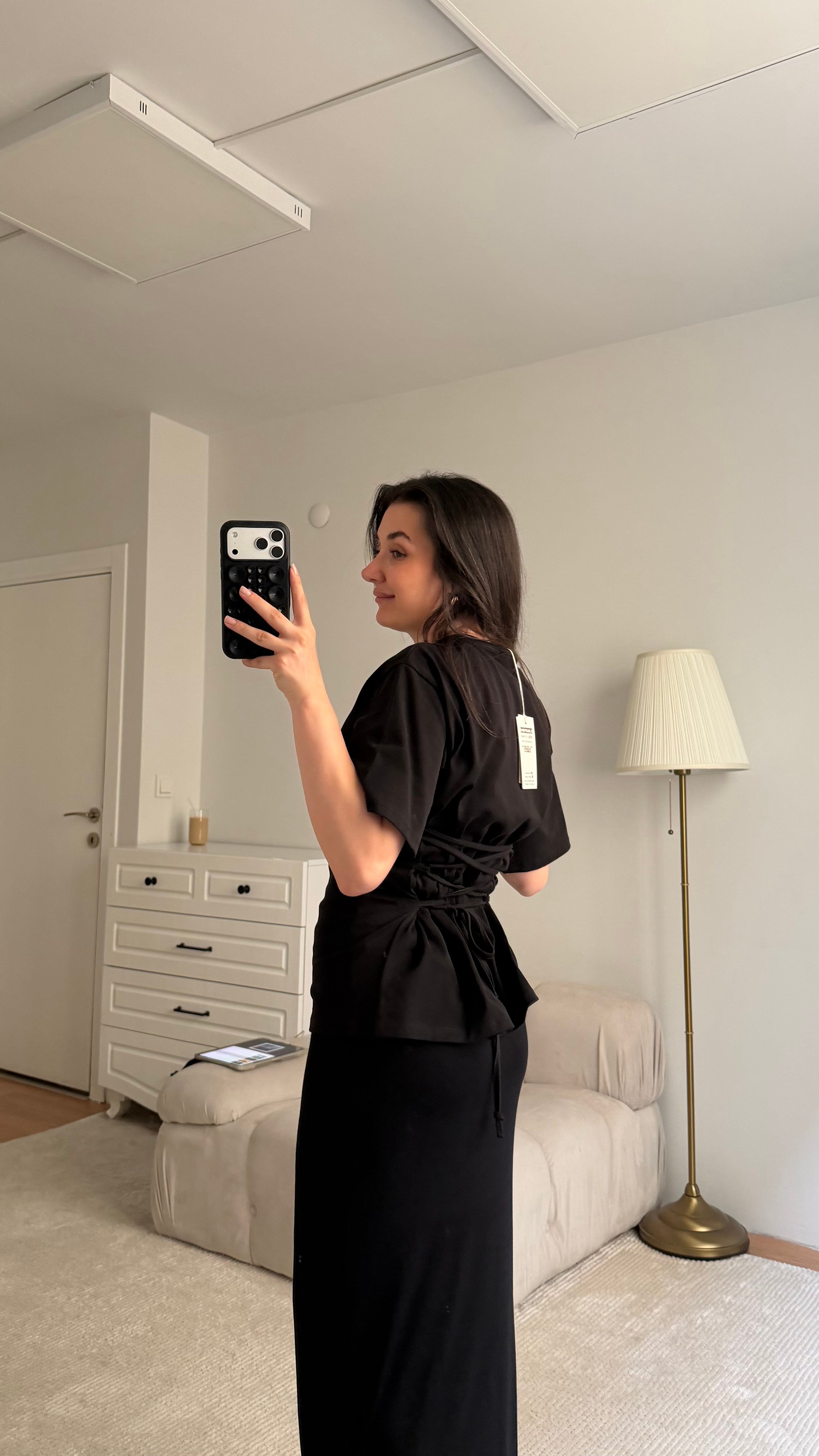 Mis Siyah Bisiklet Yaka Sırt Bağlamalı Bluz