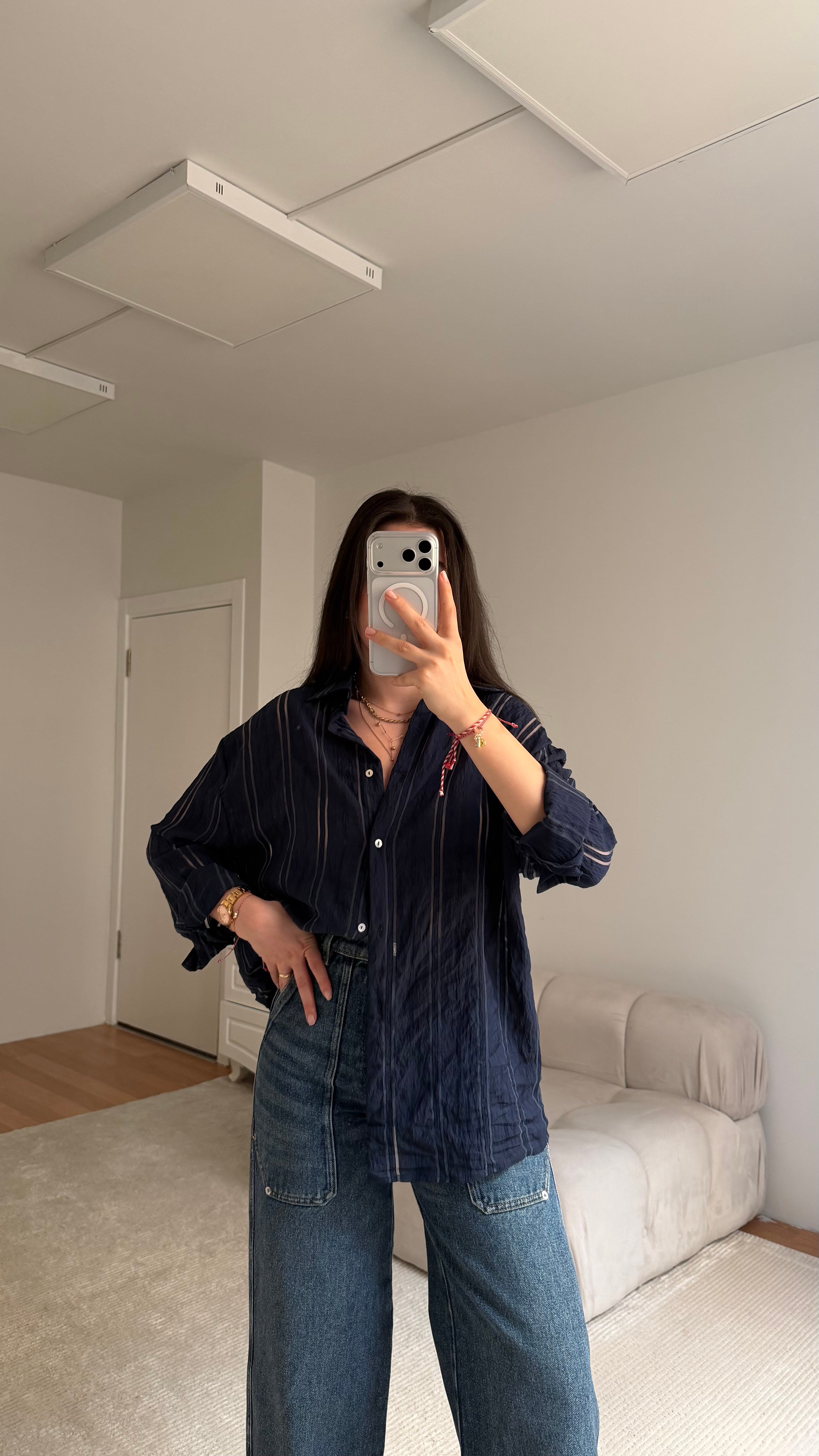 MNG Lacivert Transparan Çizgili Premium Gömlek