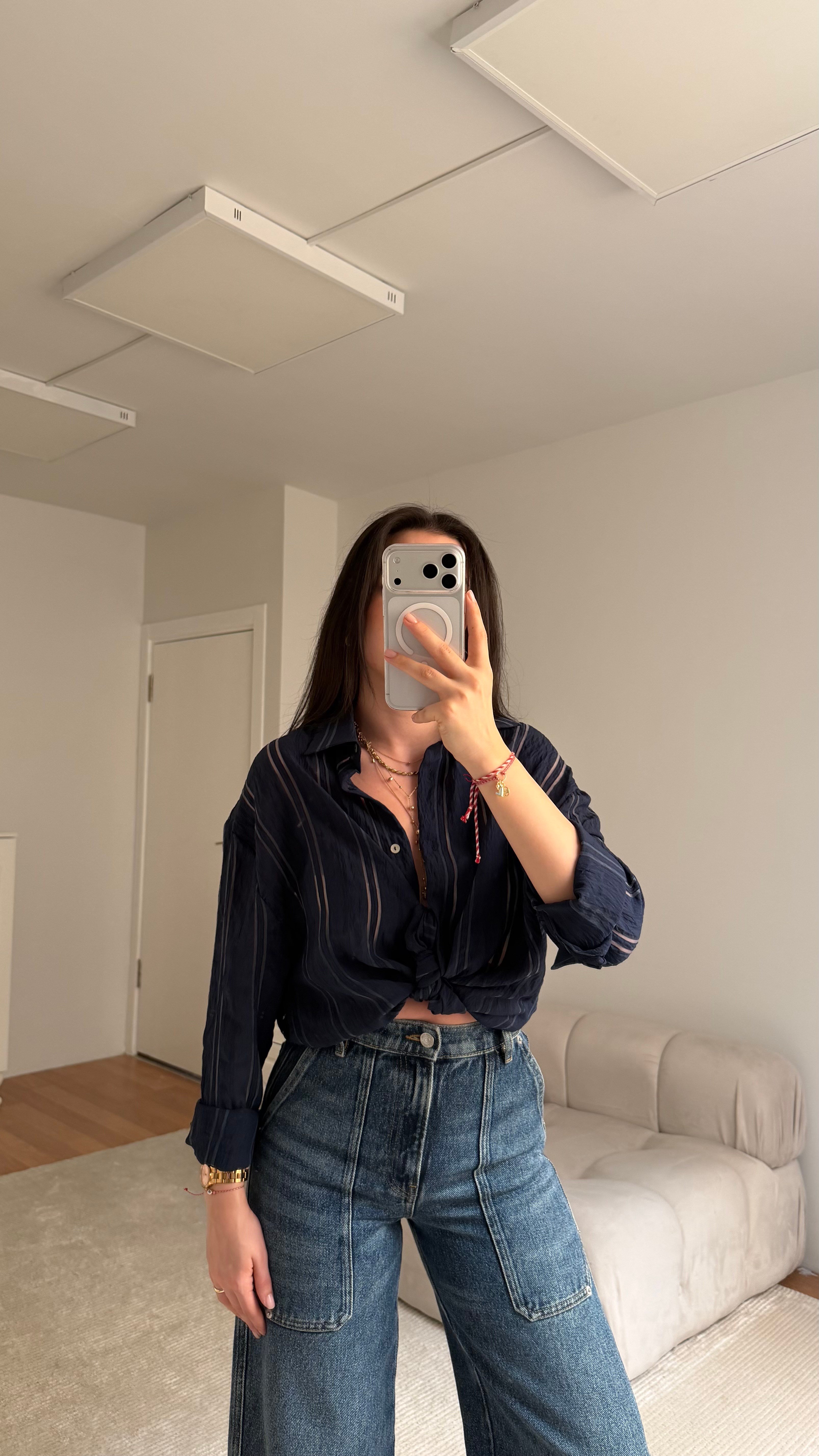MNG Lacivert Transparan Çizgili Premium Gömlek