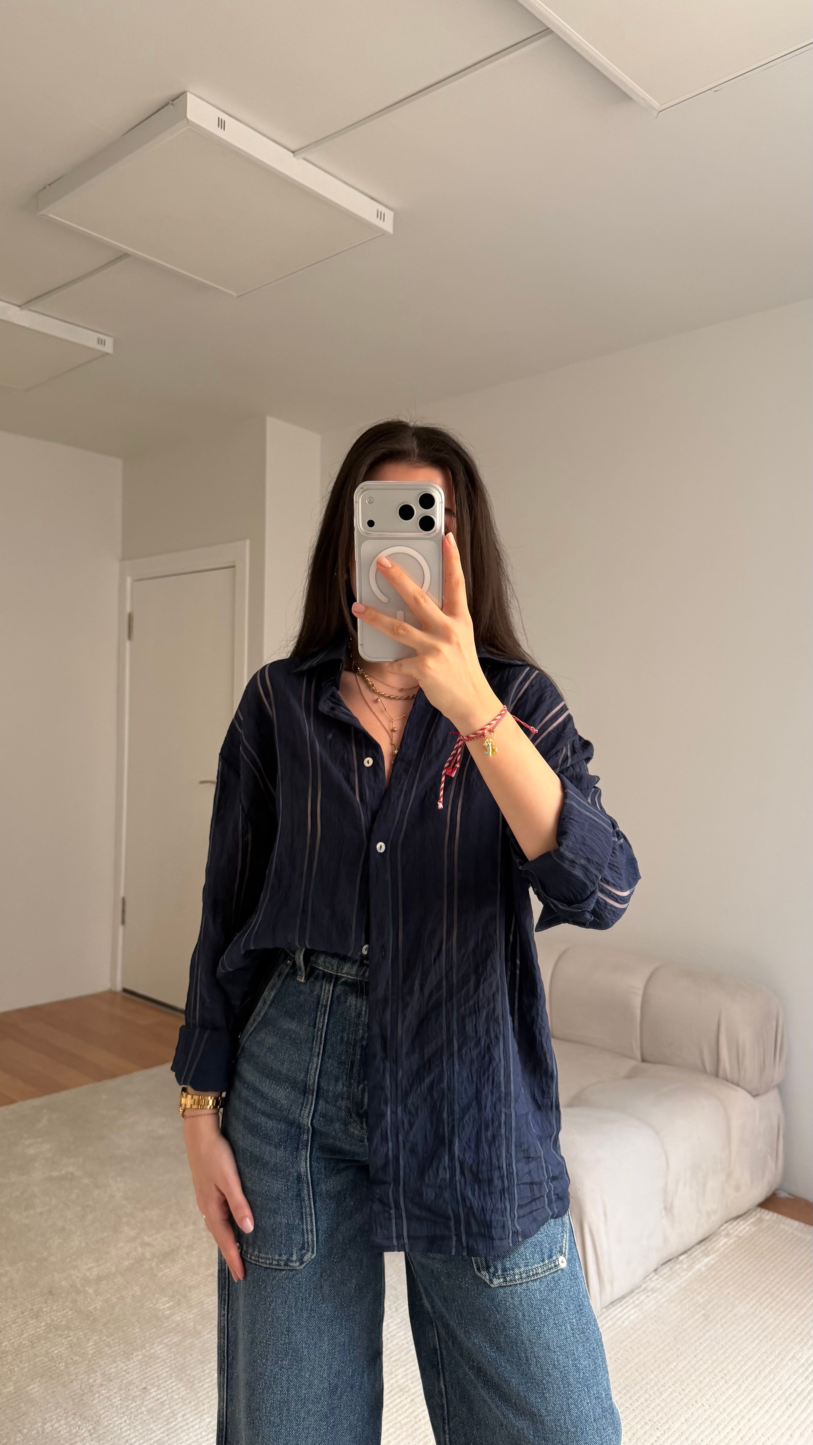 MNG Lacivert Transparan Çizgili Premium Gömlek