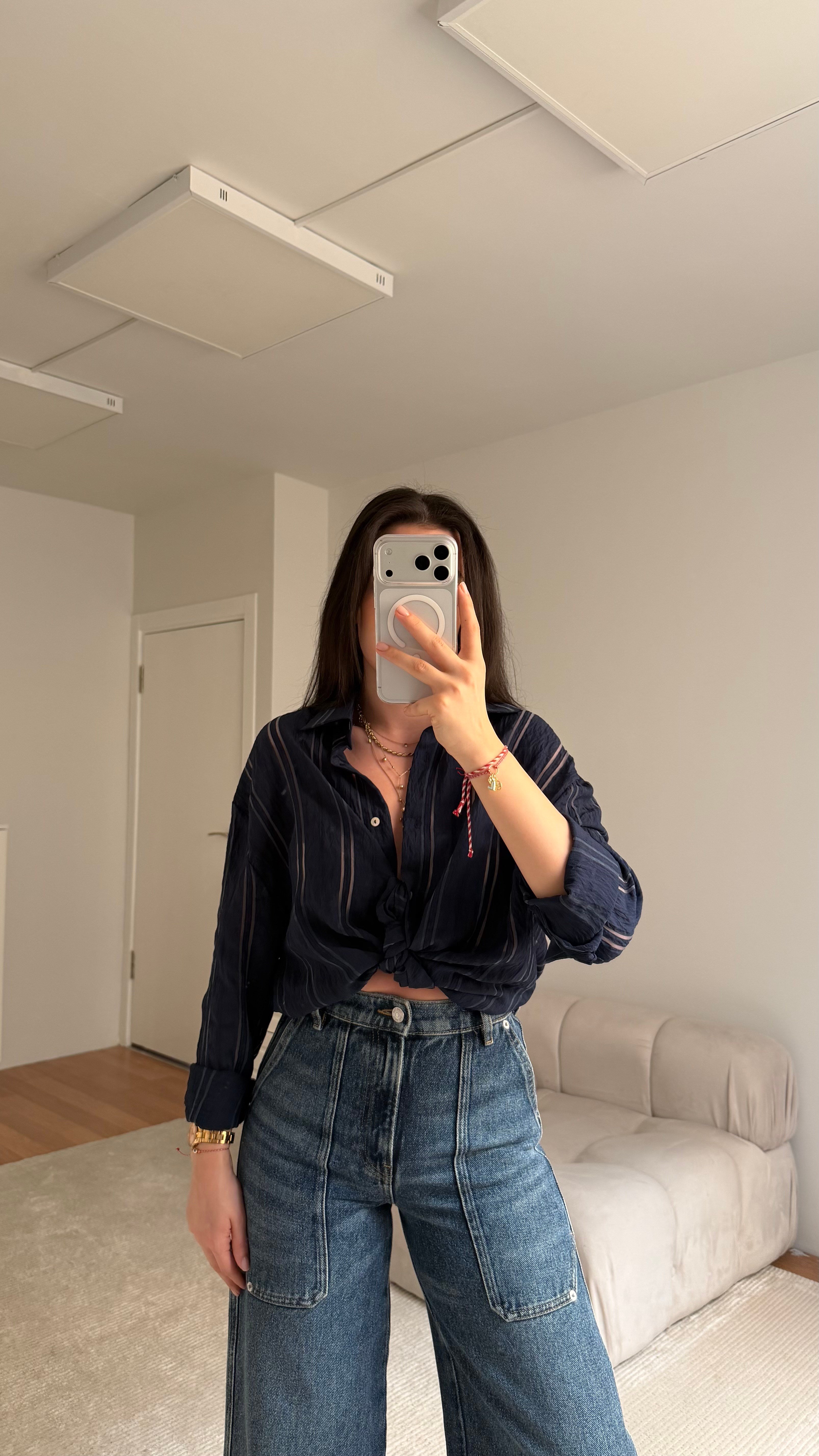 MNG Lacivert Transparan Çizgili Premium Gömlek