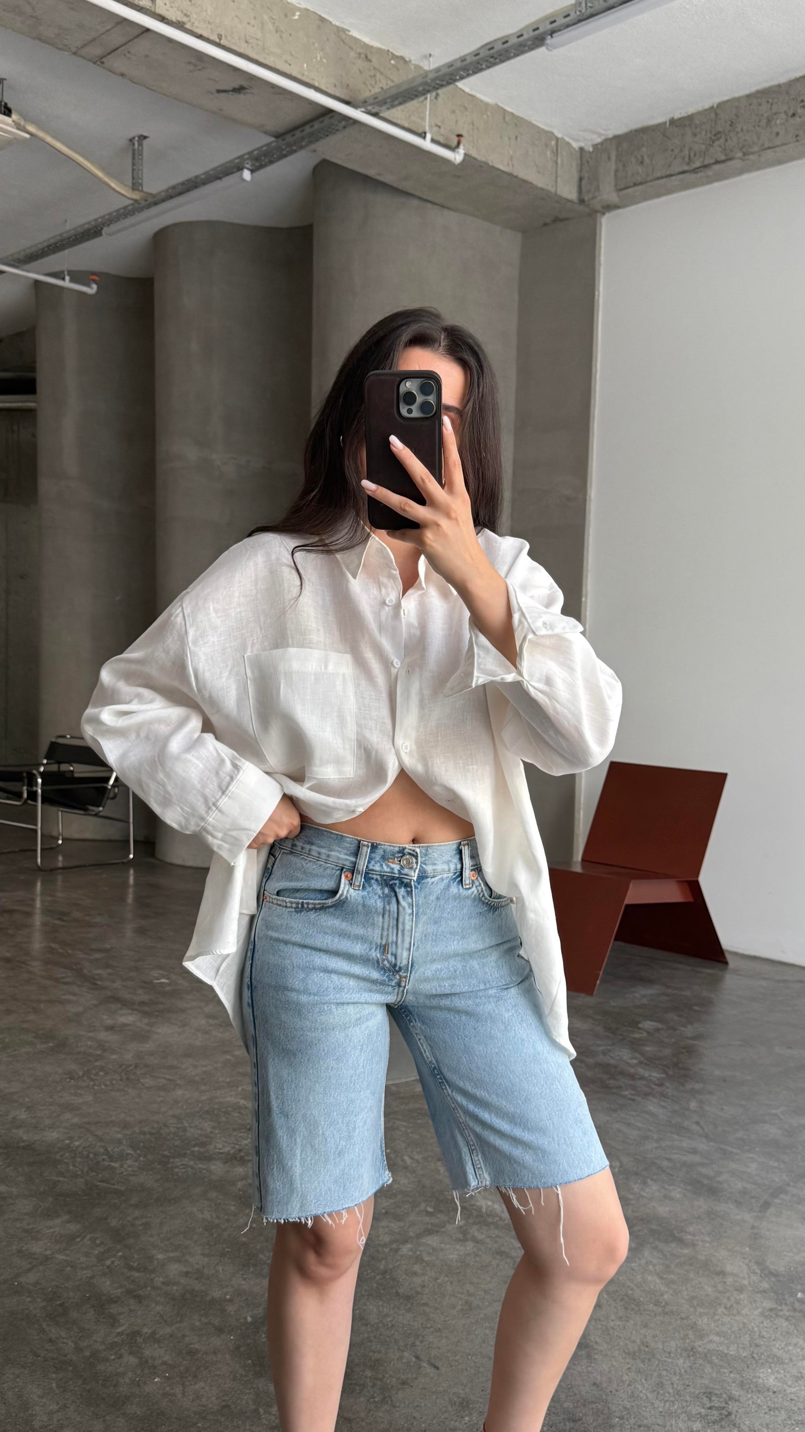 Mng Mavi Orta Bel Bermuda Denim Şort