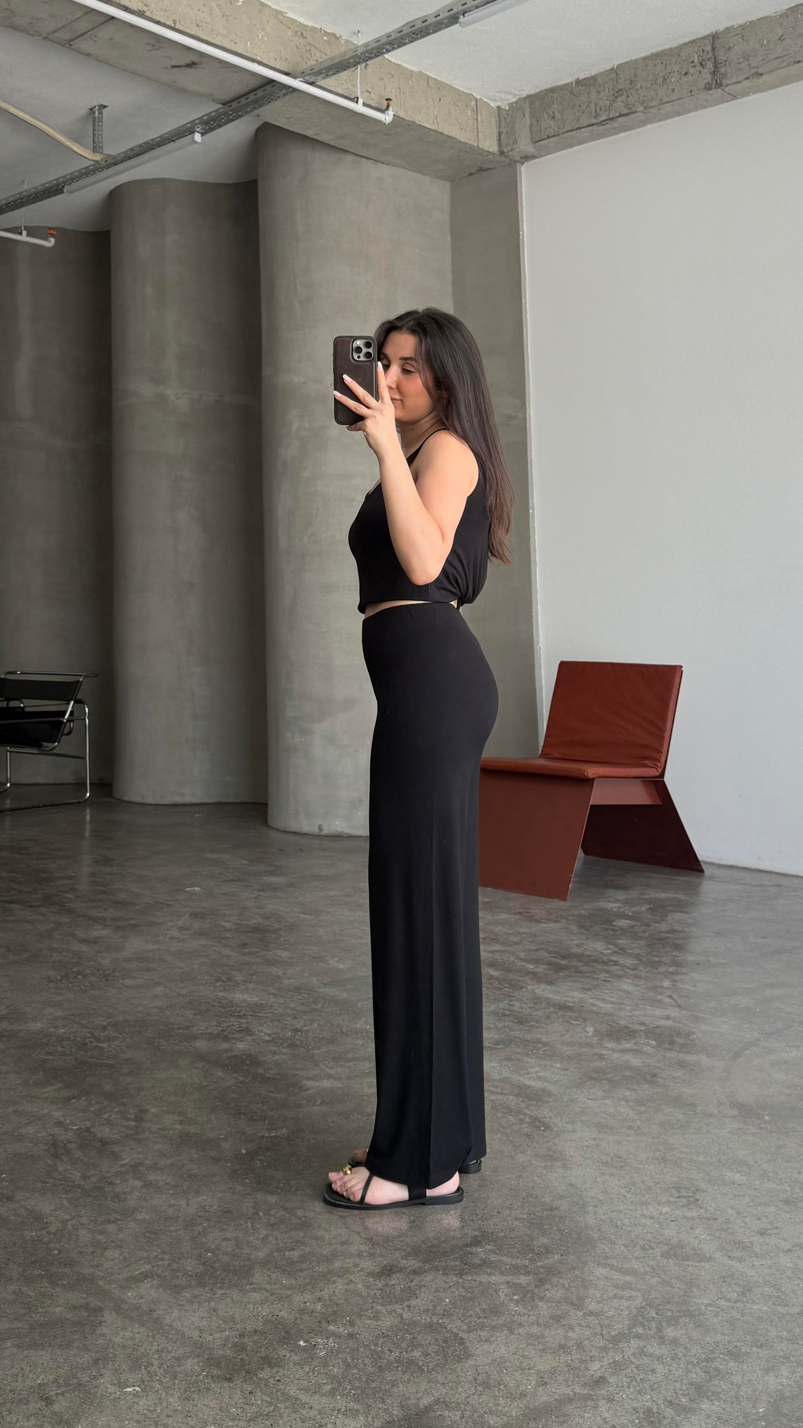 Modal Siyah Fitilli Basic Pantalon