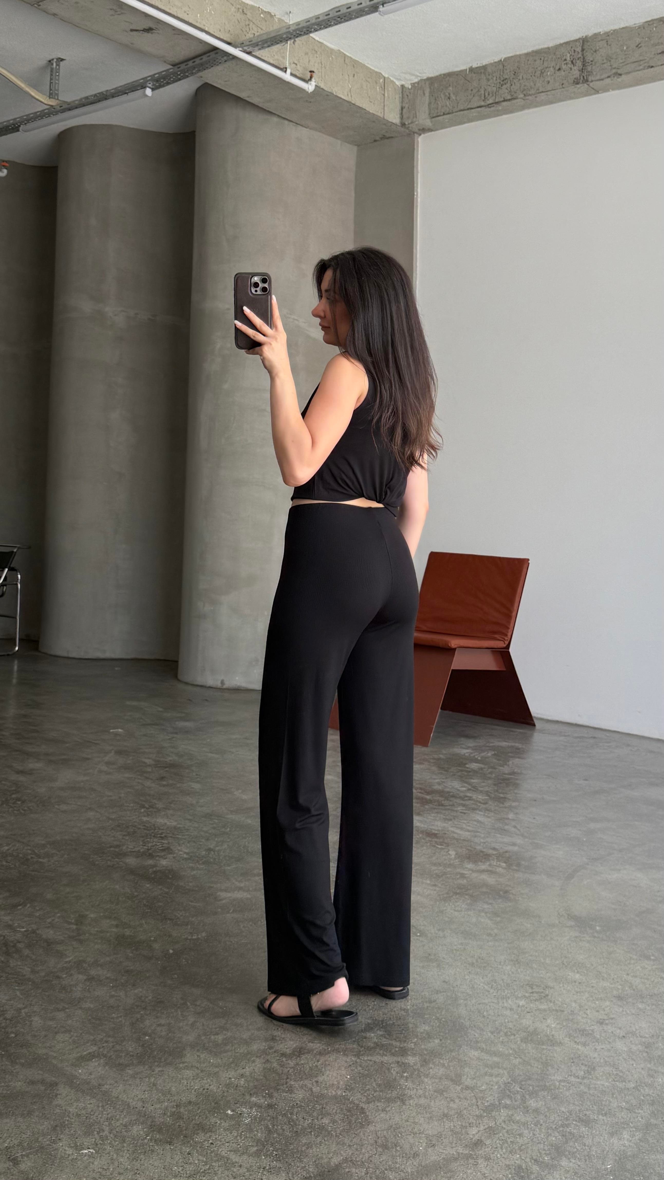 Modal Siyah Fitilli Basic Pantalon