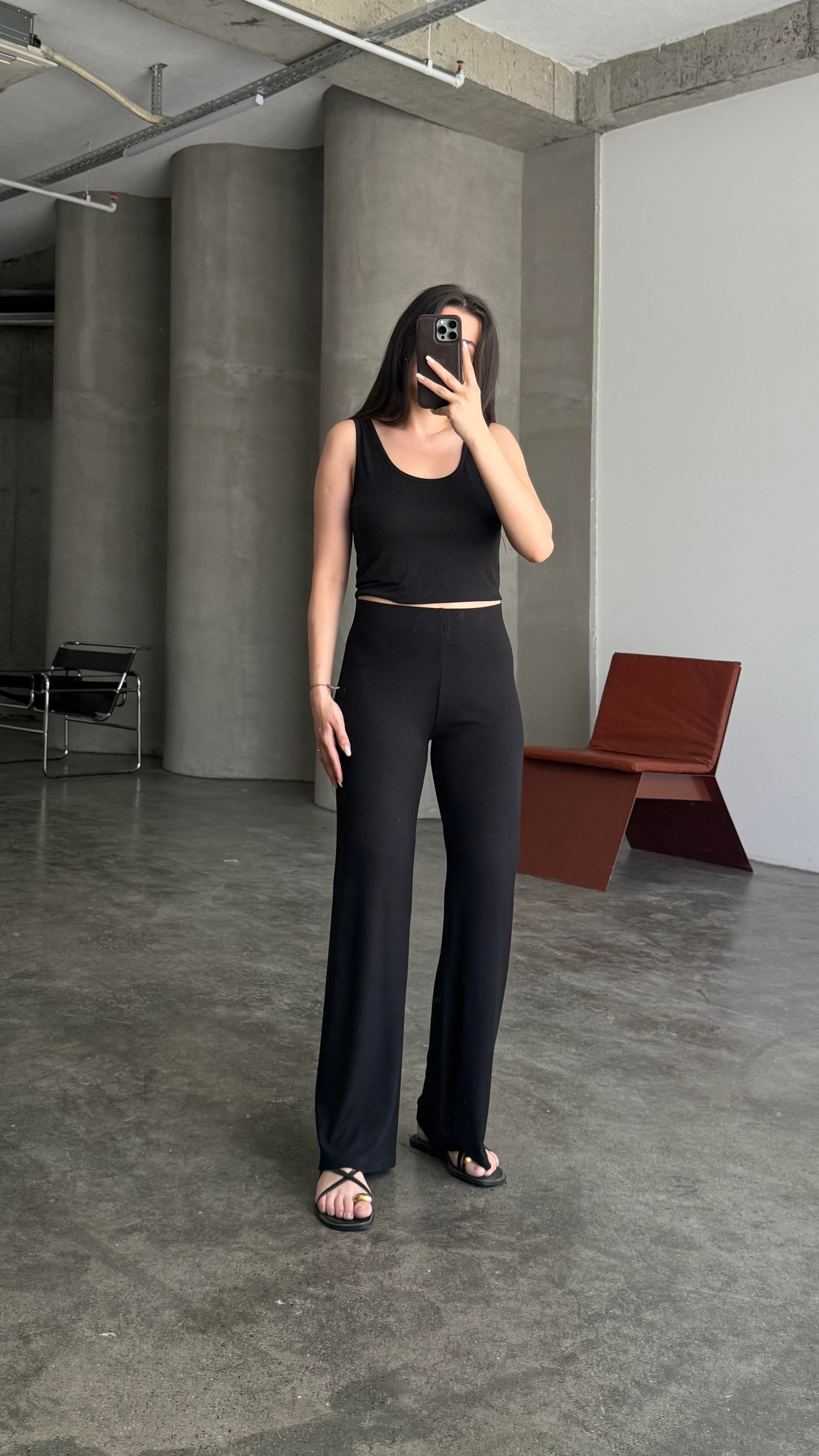 Modal Siyah Fitilli Basic Pantalon
