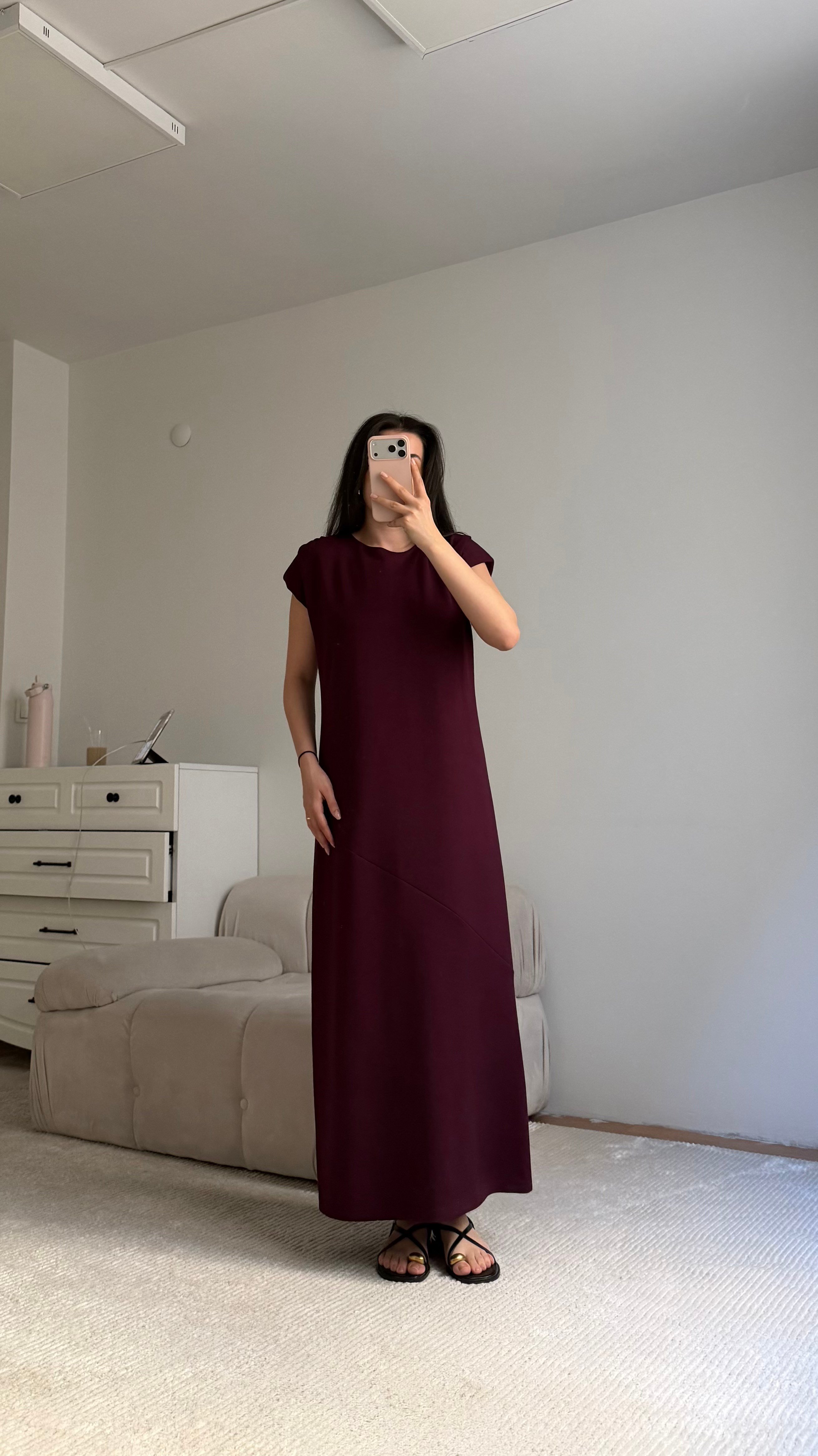 Mürdüm Bisiklet Yaka Vatkalı Dökümlü Maxi Elbise