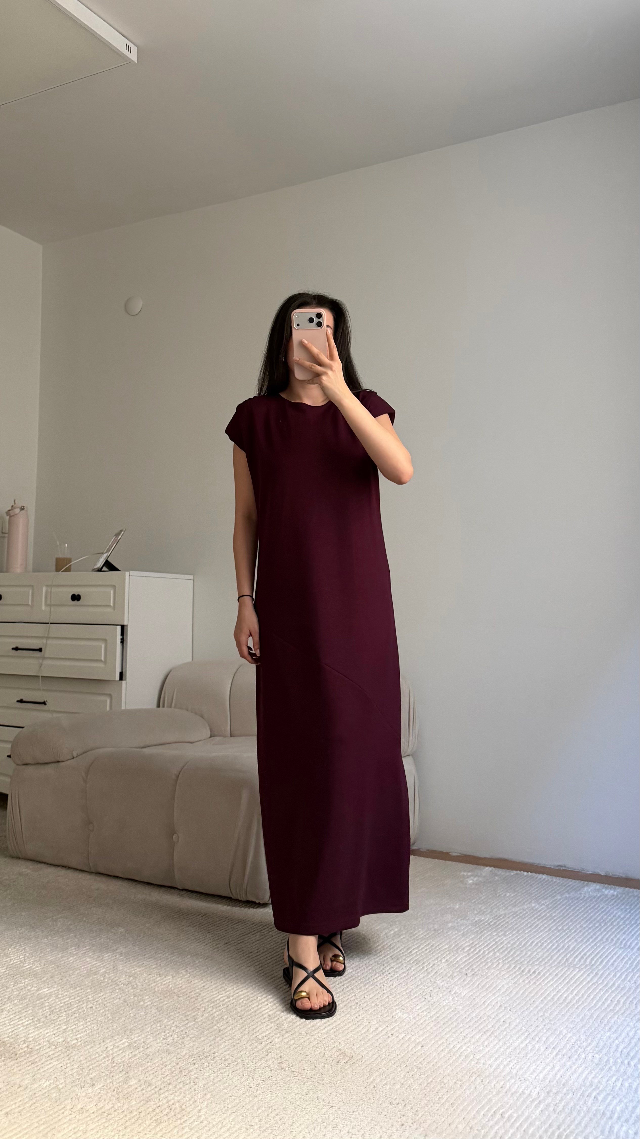 Mürdüm Bisiklet Yaka Vatkalı Dökümlü Maxi Elbise