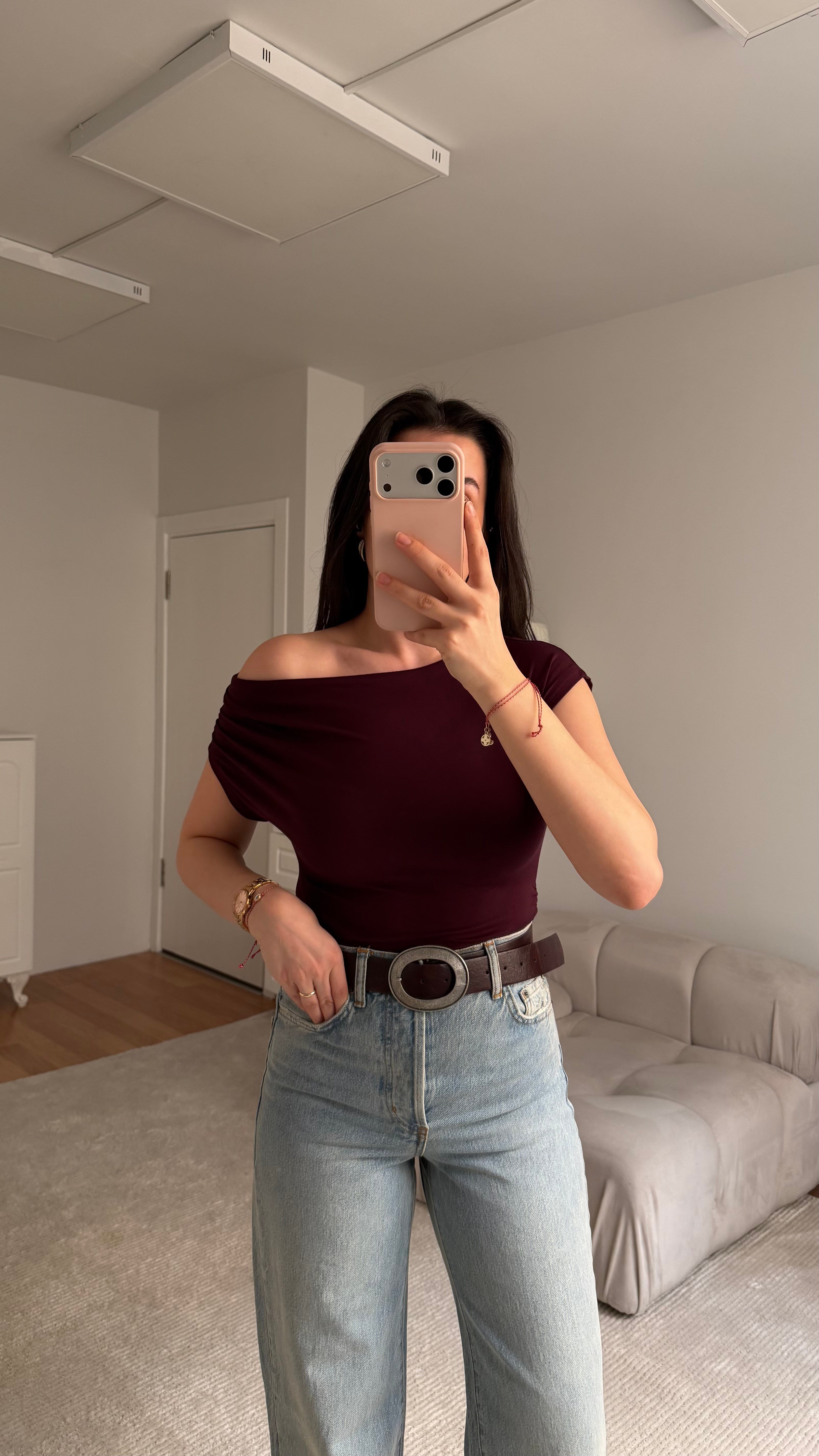 Mürdüm Kayık Yaka Drapeli Kısa Kol Bluz