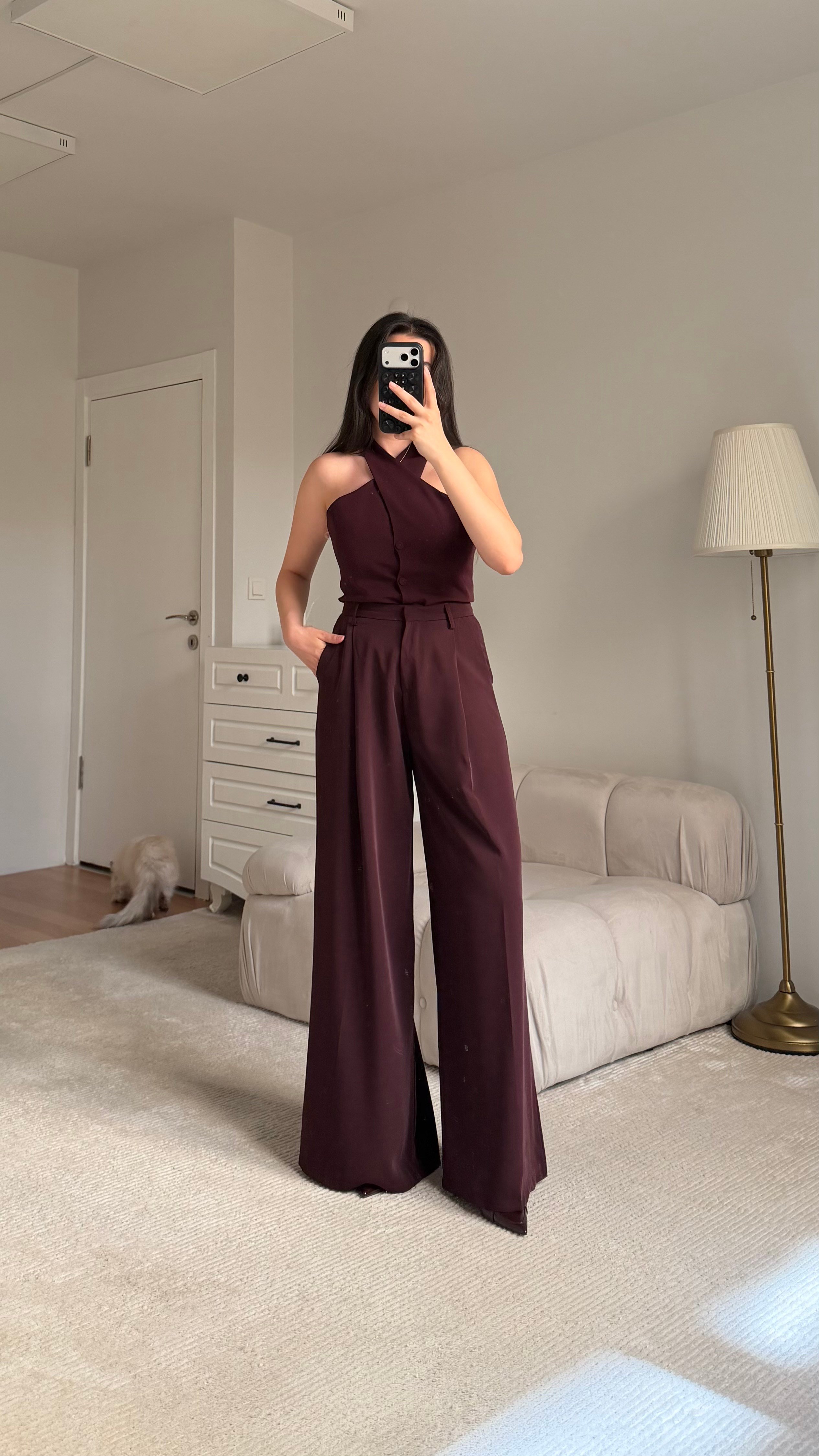 Mürdüm Yüksek Bel Premium Kemerli Pantolon 