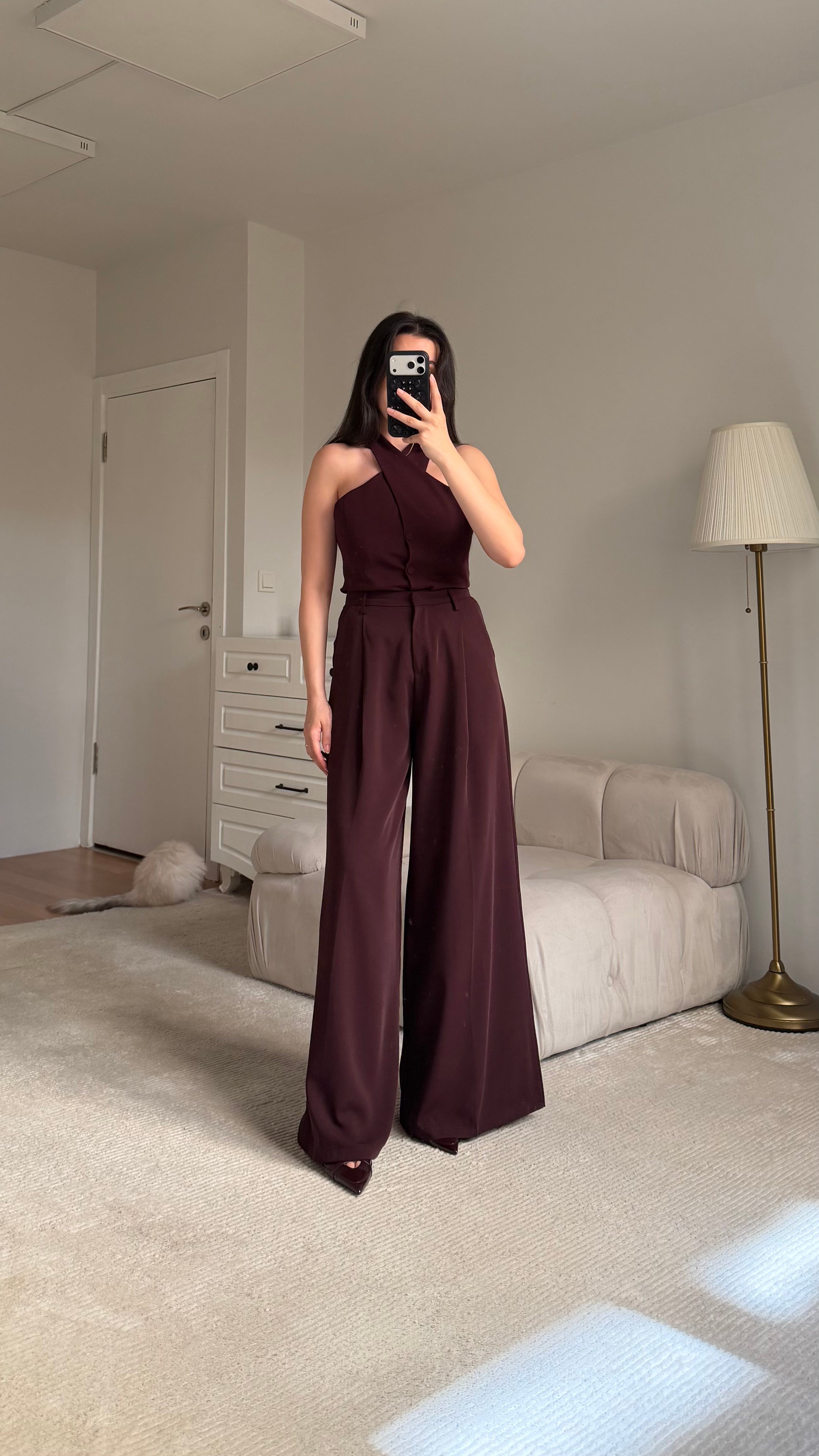 Mürdüm Yüksek Bel Premium Kemerli Pantolon 