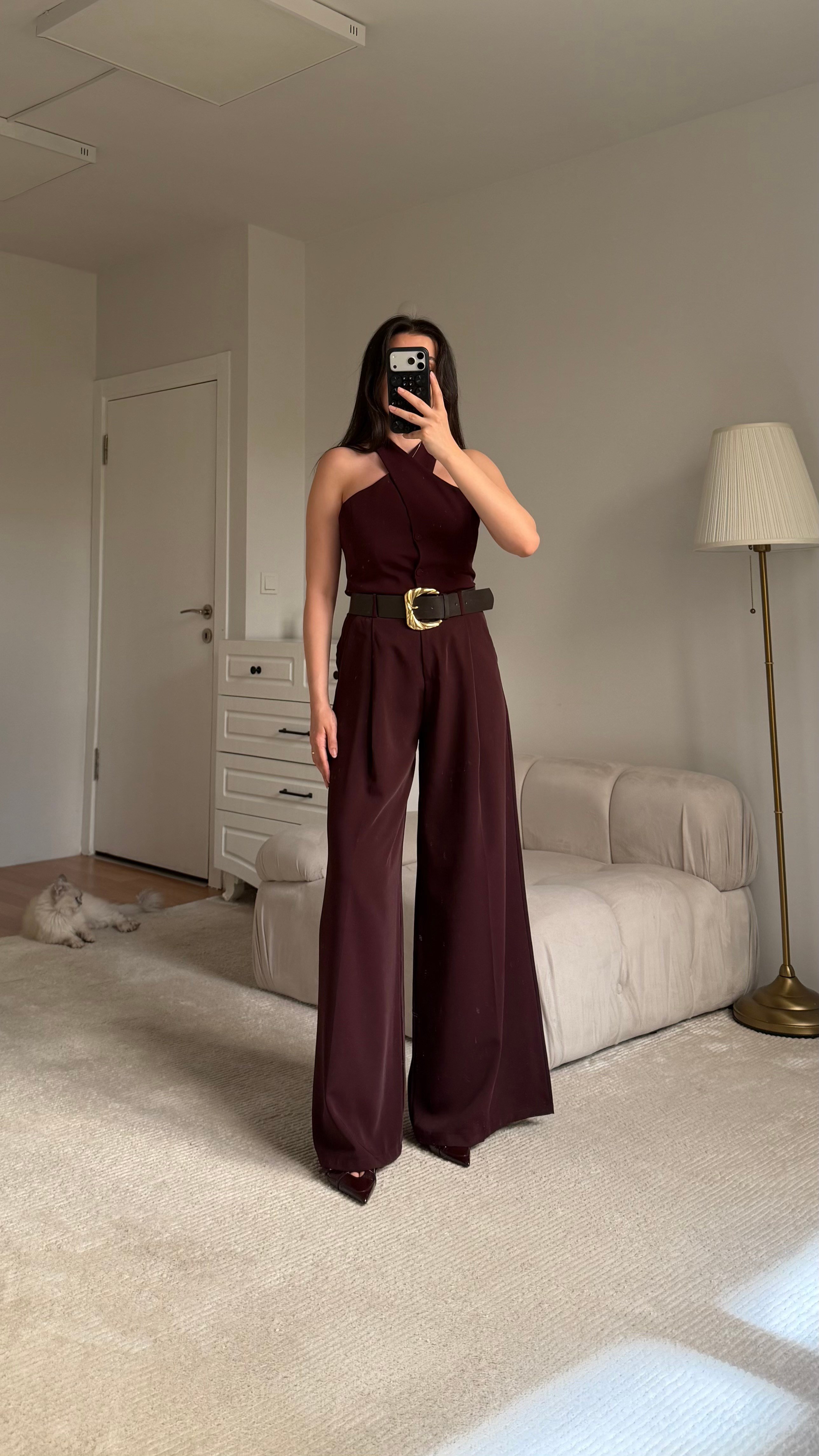 Mürdüm Yüksek Bel Premium Kemerli Pantolon 