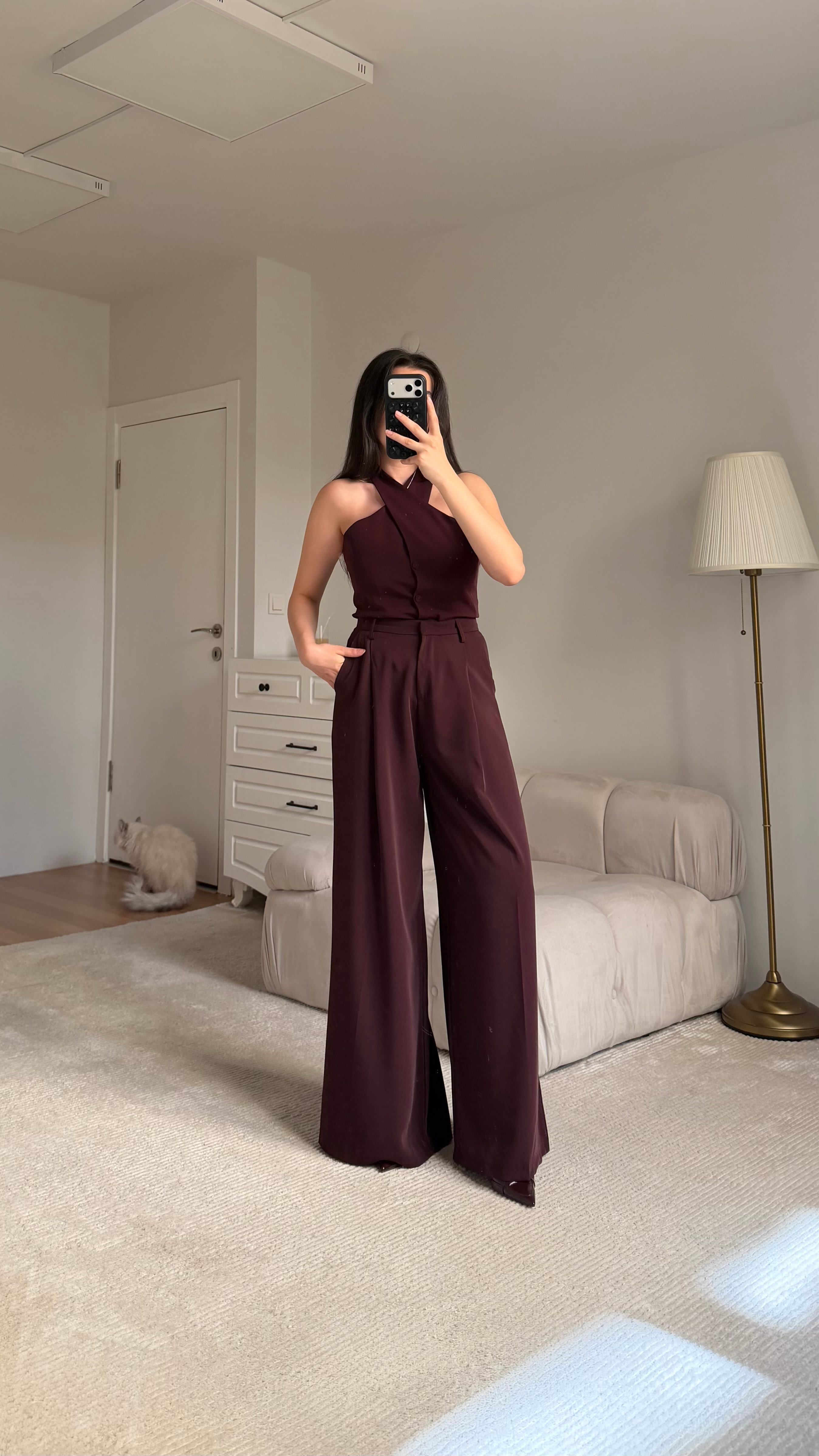 Mürdüm Yüksek Bel Premium Kemerli Pantolon 