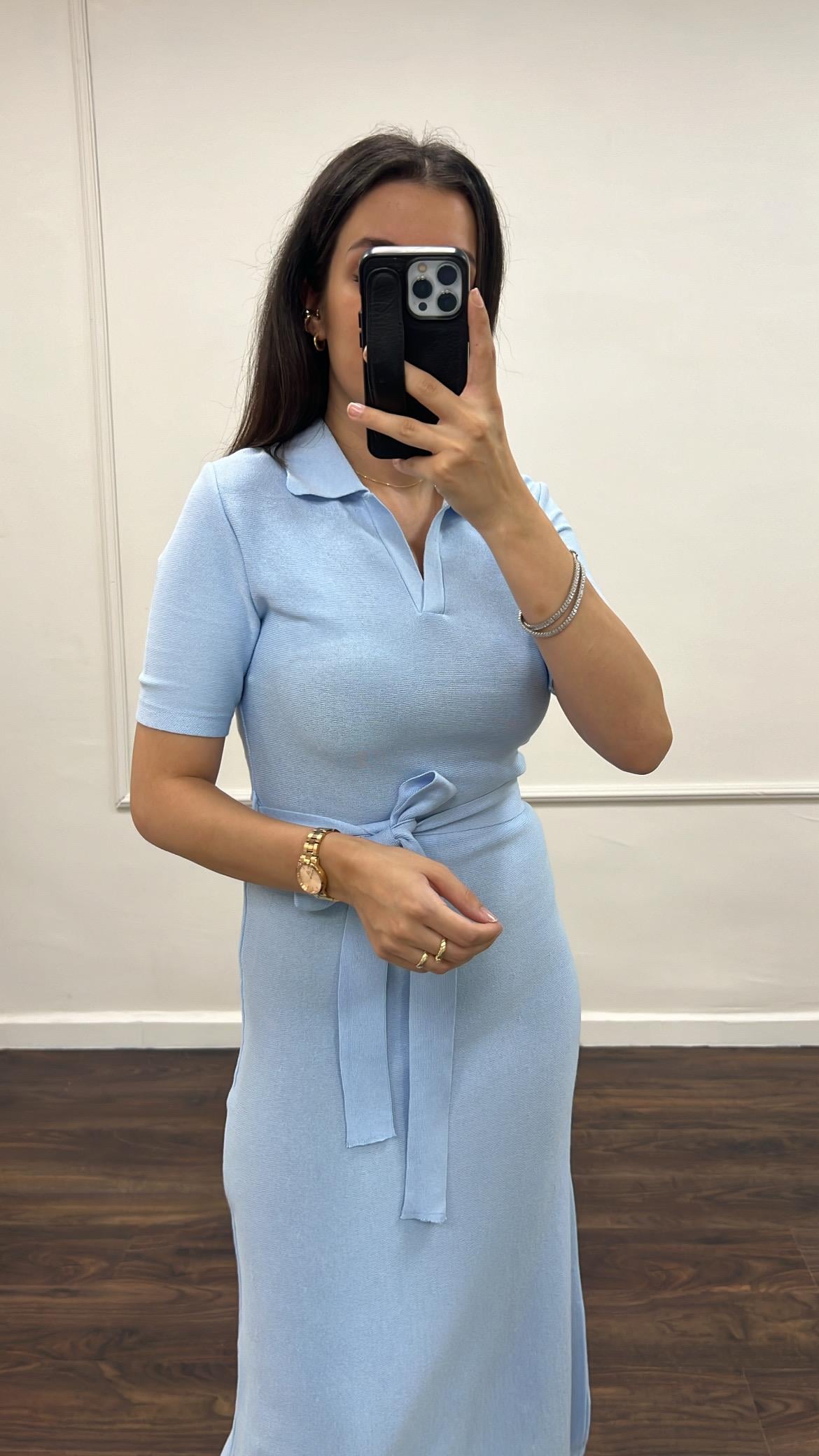 Mv Bebek Mavi Çelik Örme Kuşaklı  Triko Elbise