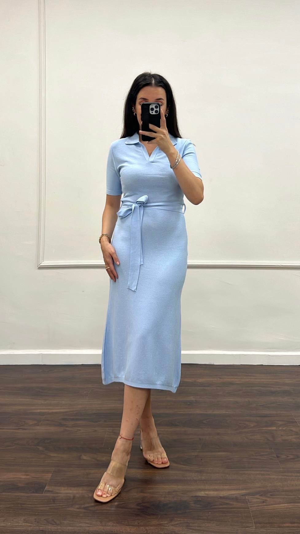 Mv Bebek Mavi Çelik Örme Kuşaklı  Triko Elbise