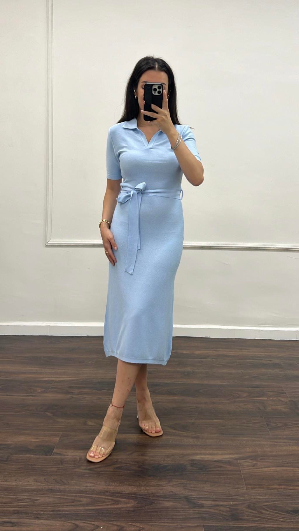 Mv Bebek Mavi Çelik Örme Kuşaklı  Triko Elbise