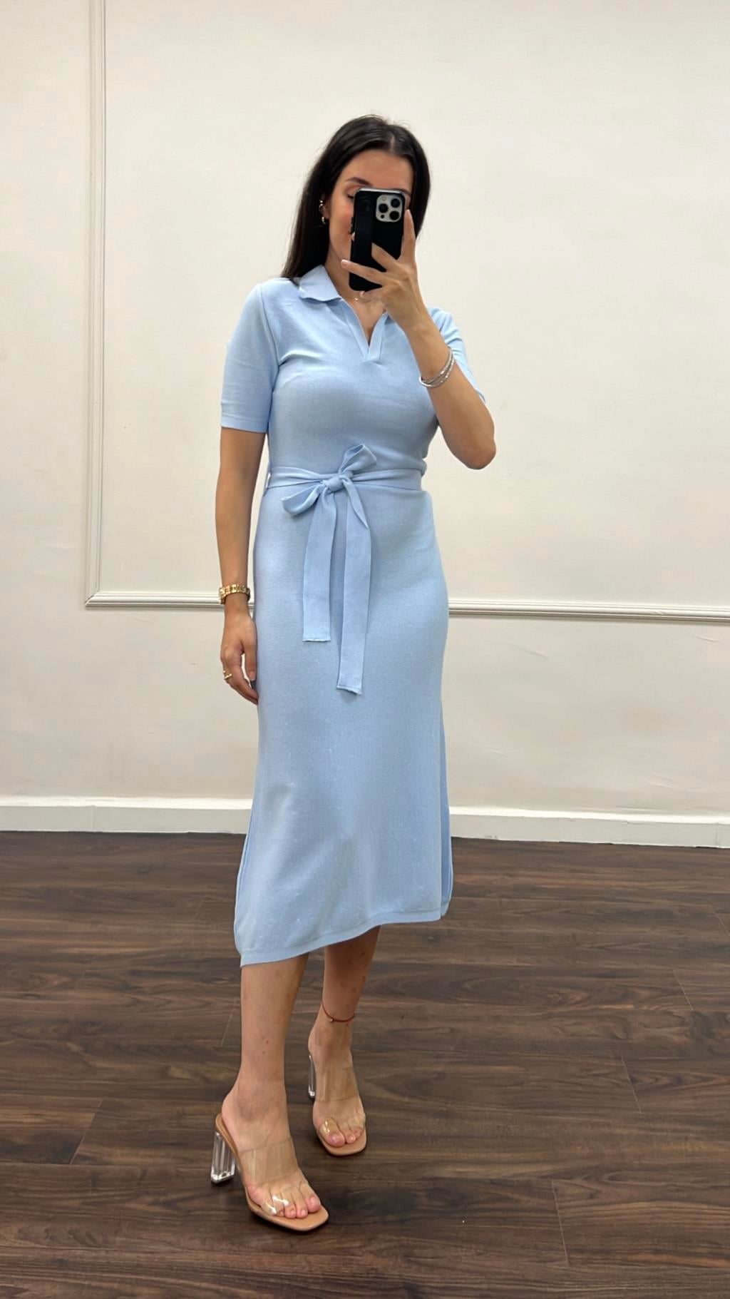 Mv Bebek Mavi Çelik Örme Kuşaklı  Triko Elbise