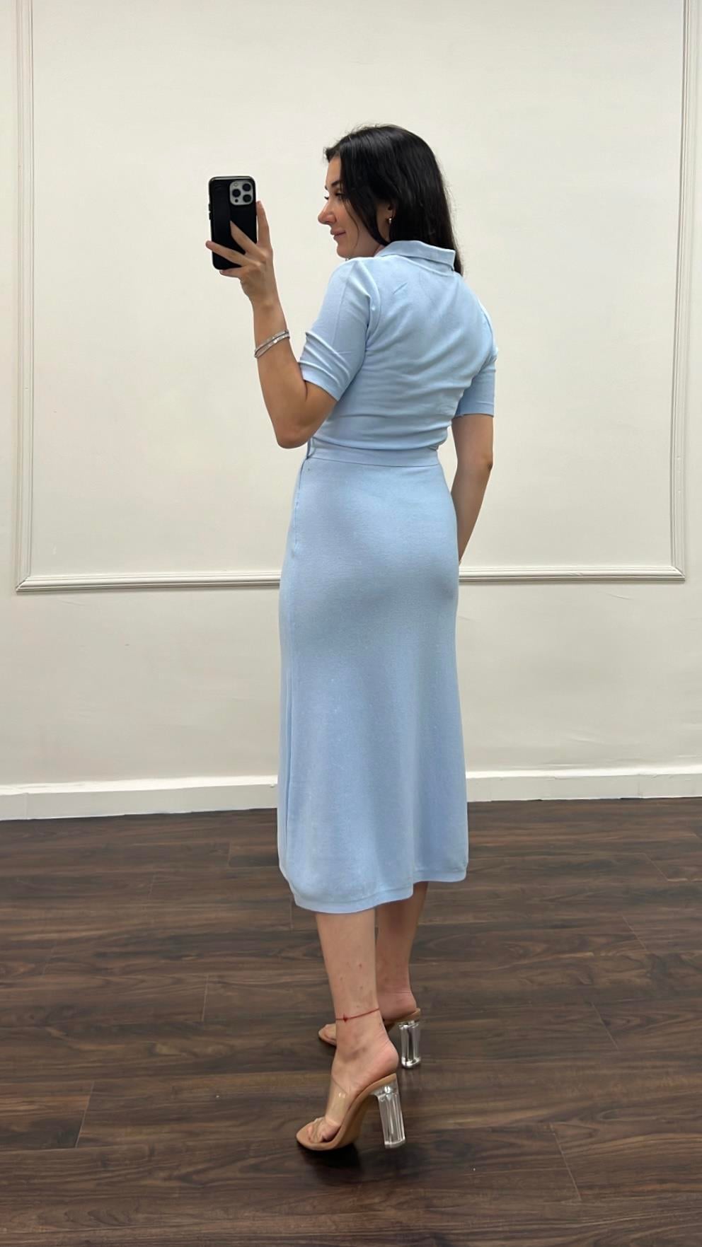 Mv Bebek Mavi Çelik Örme Kuşaklı  Triko Elbise