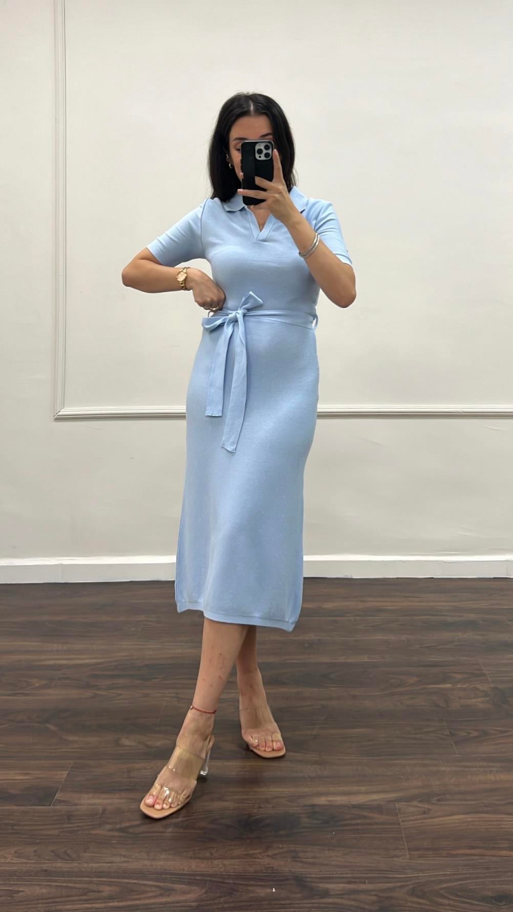 Mv Bebek Mavi Çelik Örme Kuşaklı  Triko Elbise