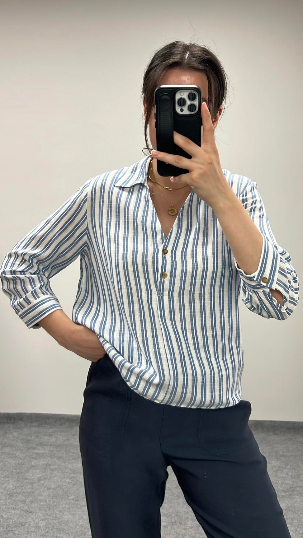 Mv Mavi Beyaz Keten Gömlek